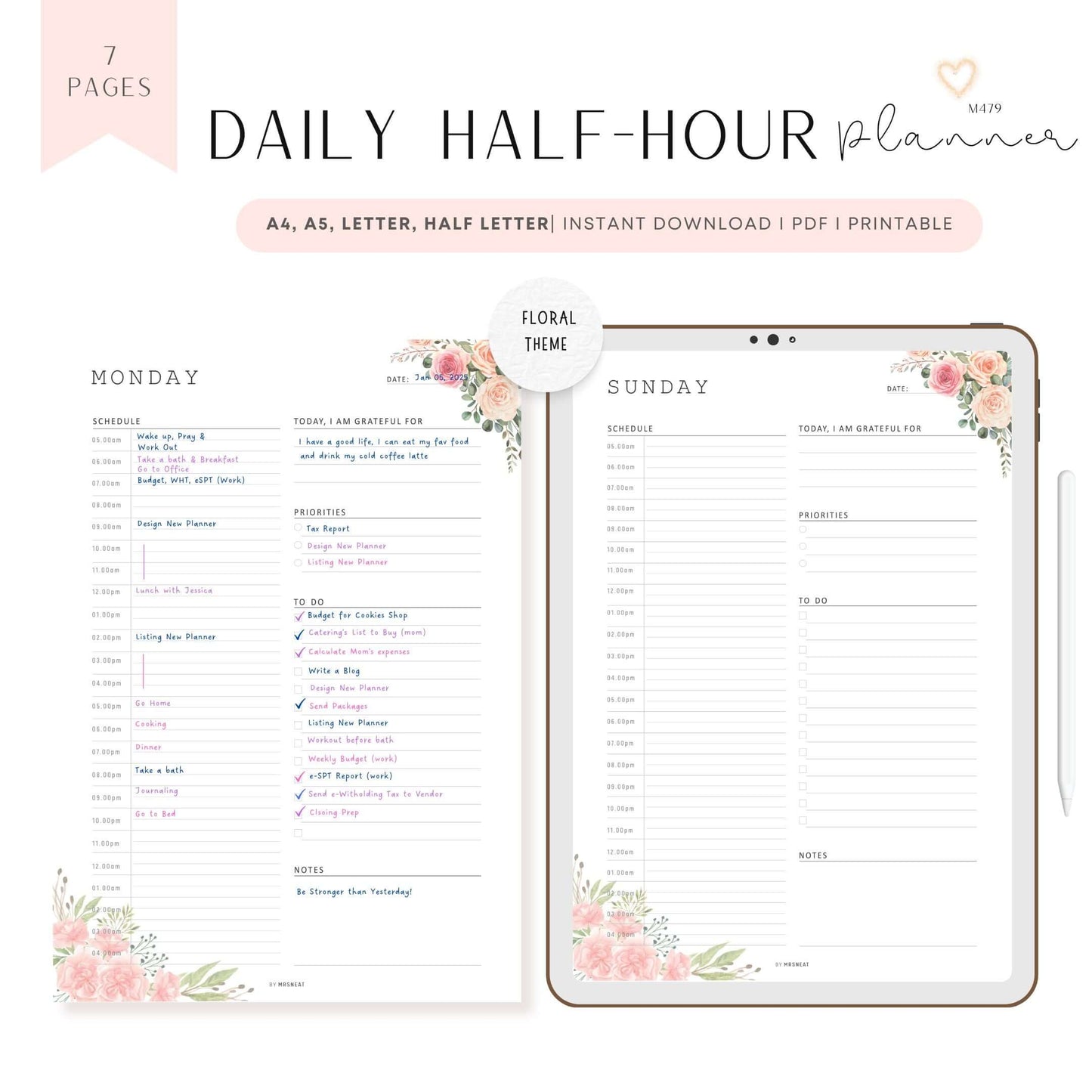 Floral Half Hour Daily Planner Monday to Sunday 7 Pages 