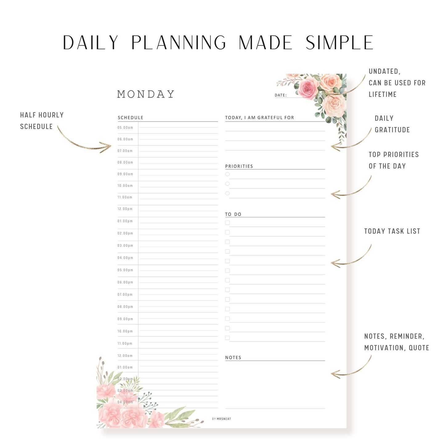 Floral Half Hour Daily Planner Monday to Sunday 7 Pages, How to use