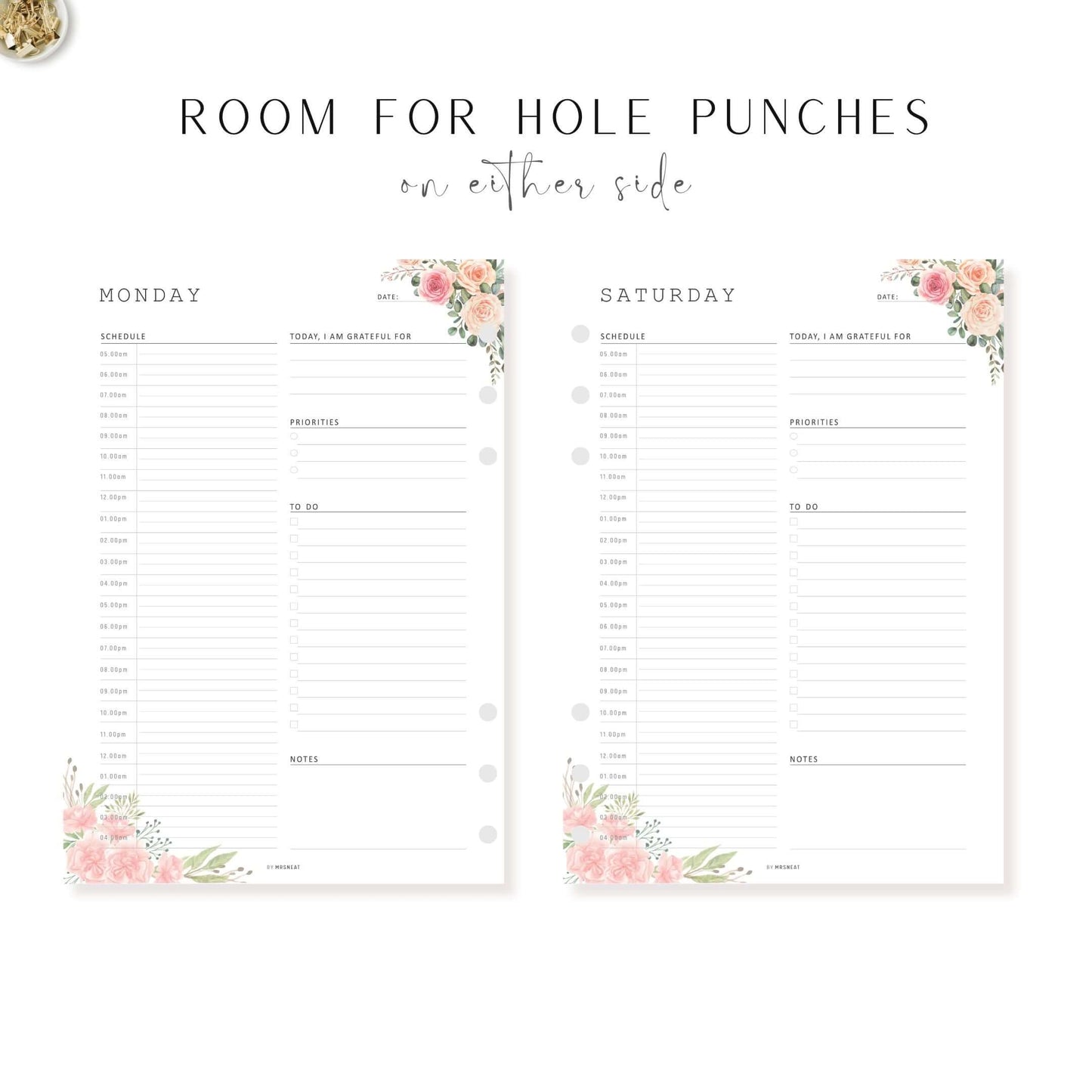 Floral Half Hour Daily Planner Monday to Sunday 7 Pages Room for Hole Punches