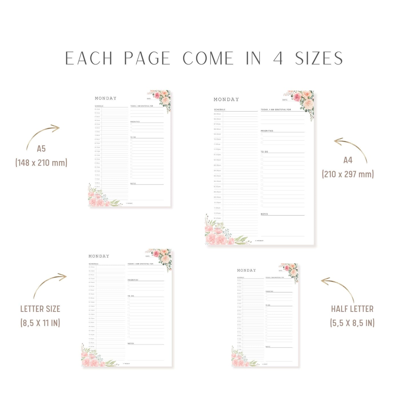 Floral Half Hour Daily Planner Monday to Sunday 7 Pages, A4, A5, Letter, Half Letter