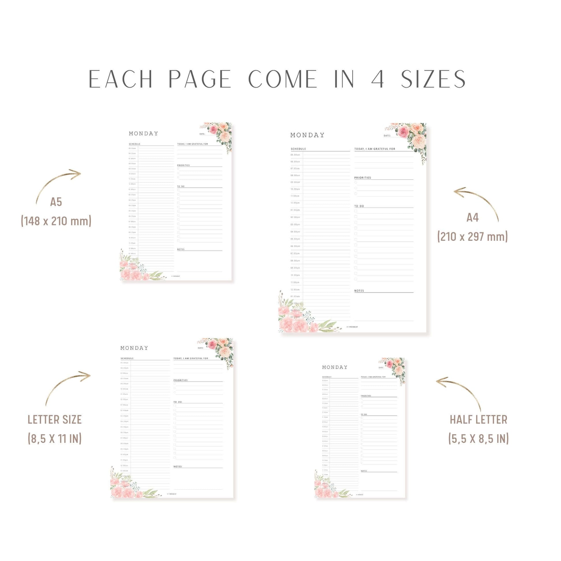 Floral Half Hour Daily Planner Monday to Sunday 7 Pages, A4, A5, Letter, Half Letter