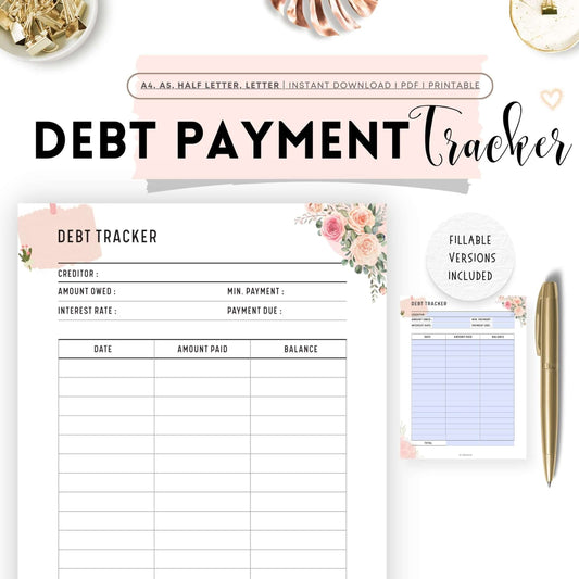 Floral Debt Payment Tracker Template Printable Planner, Digital Planner, Printable Inserts, A4, A5, Letter, Half Letter, Fillable PDF Included