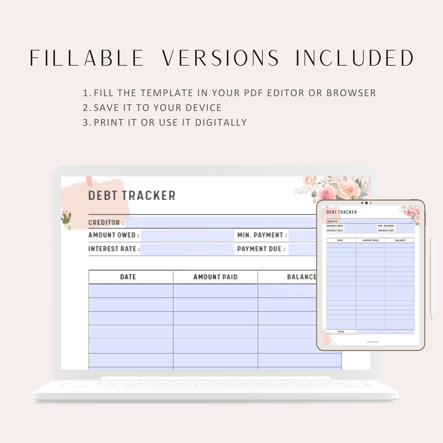 Floral Debt Payment Tracker Template Printable Planner, Digital Planner, Printable Inserts, A4, A5, Letter, Half Letter, Fillable PDF Included