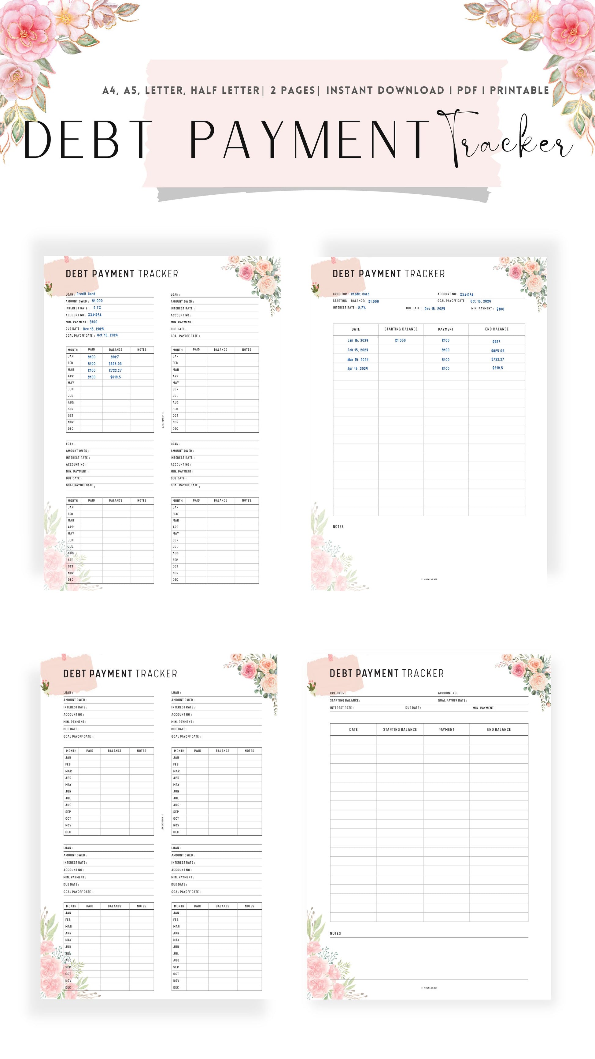 2 versions Printable Floral Debt Payment Tracker