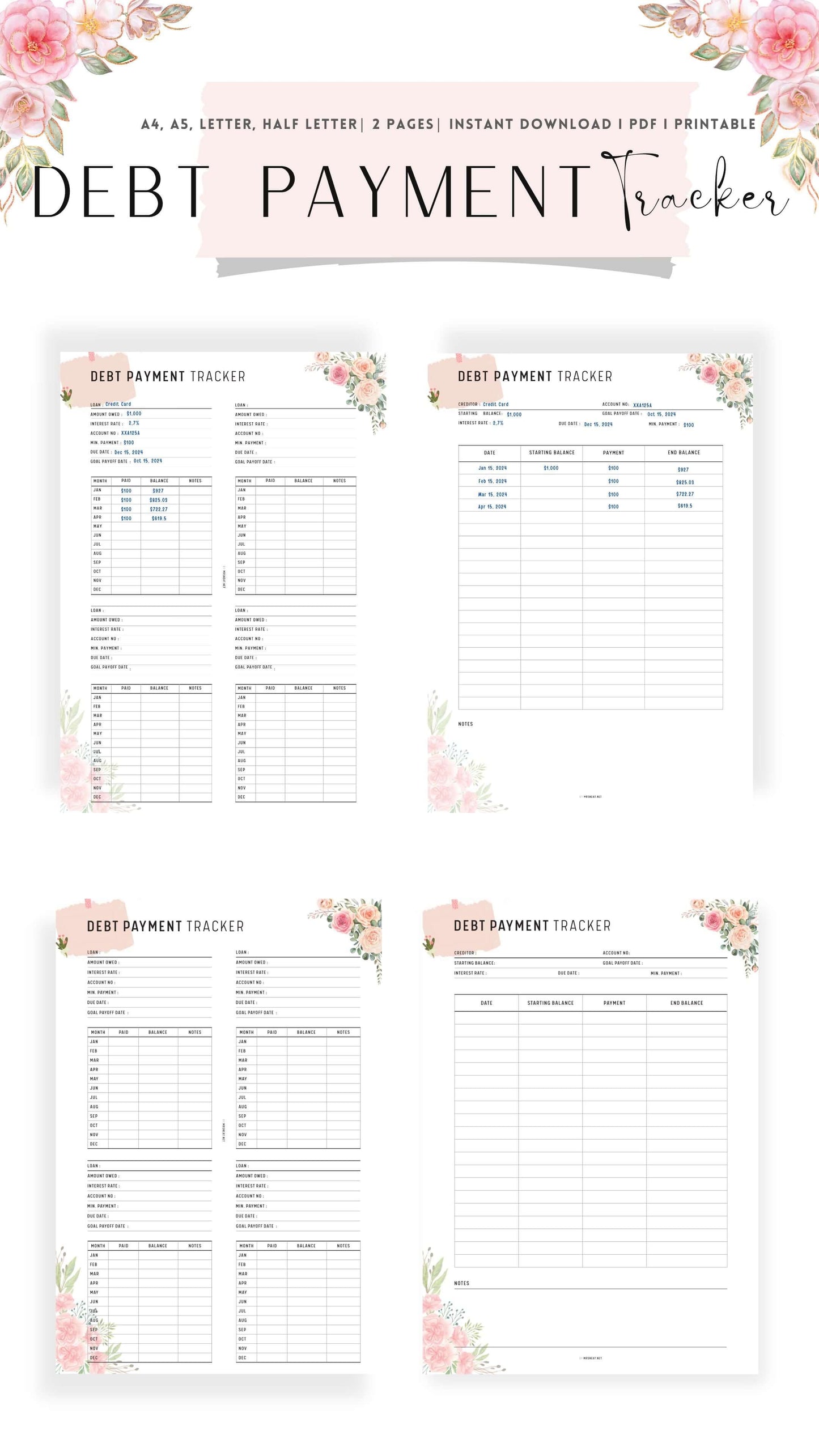 2 versions Printable Floral Debt Payment Tracker