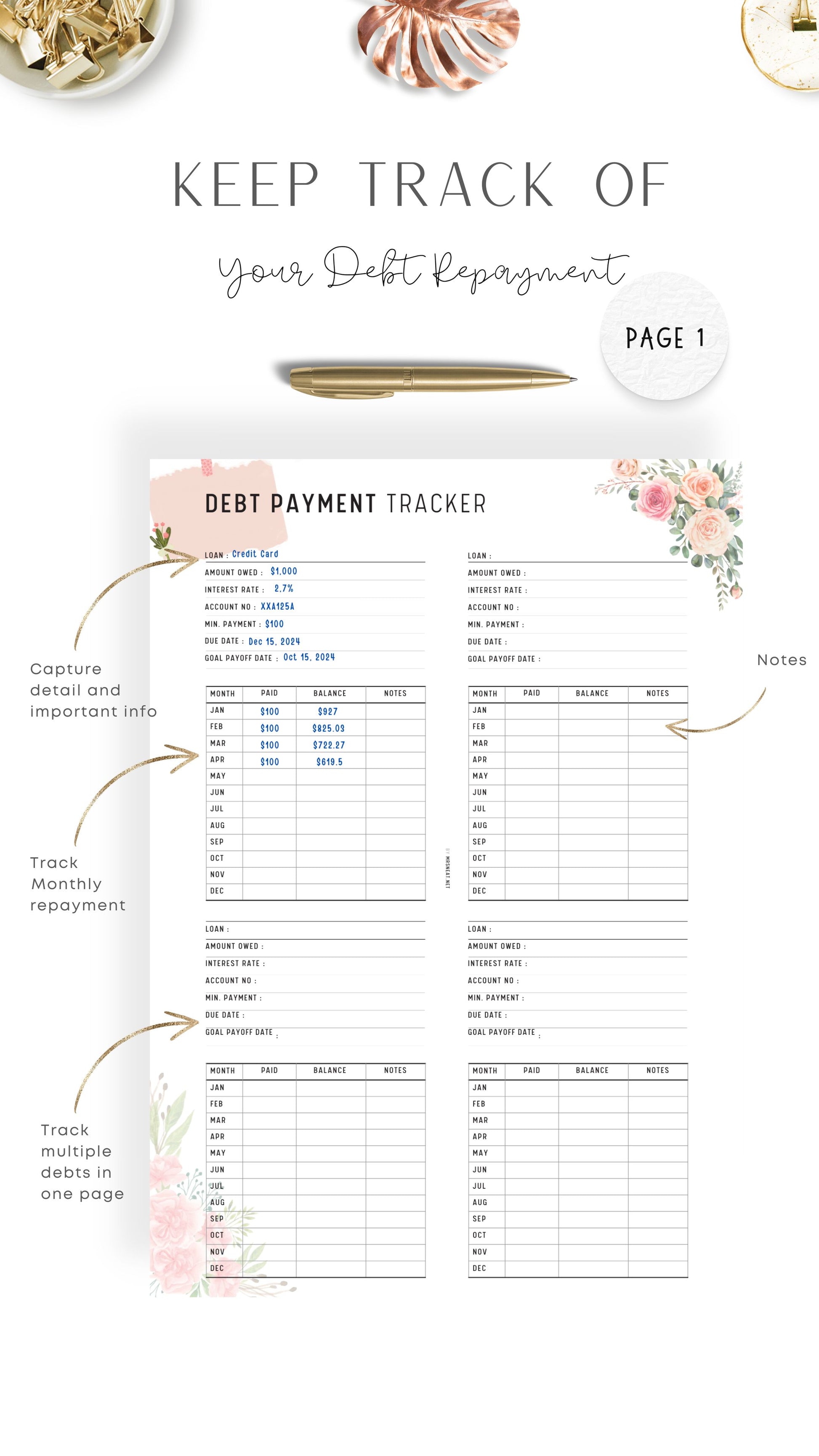 How to use Printable Floral Debt Payment Tracker