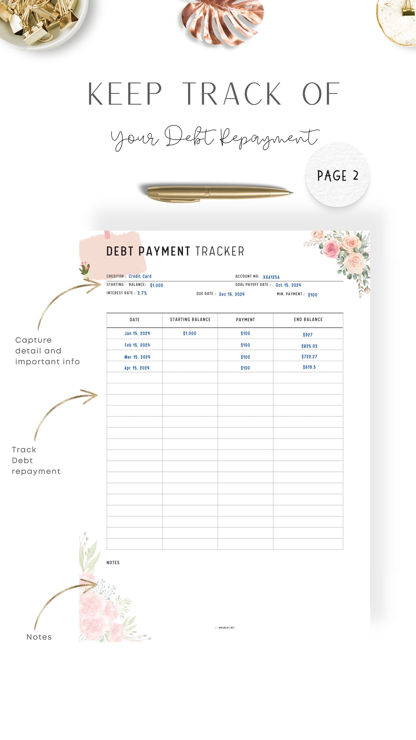 how to use Printable Floral Debt Payment Tracker