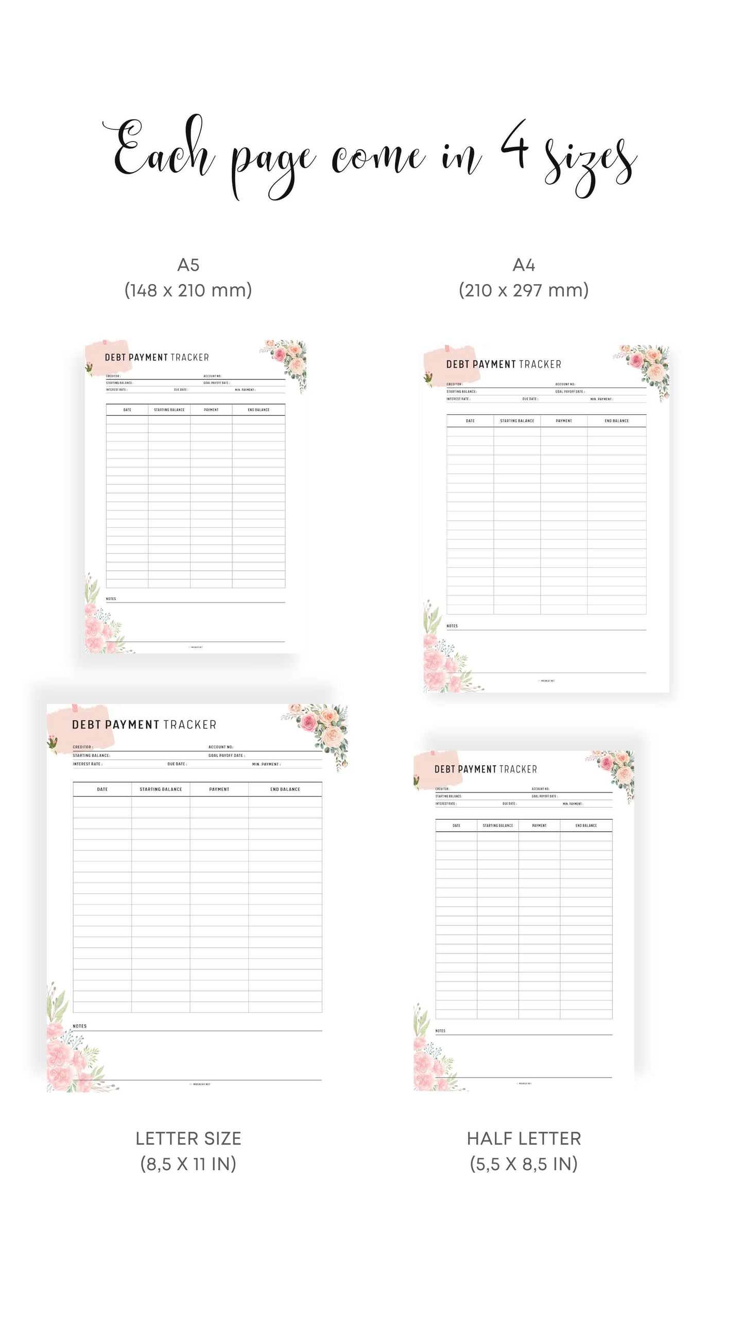 A4, A5, Letter, Half Letter Printable Floral Debt Payment Tracker