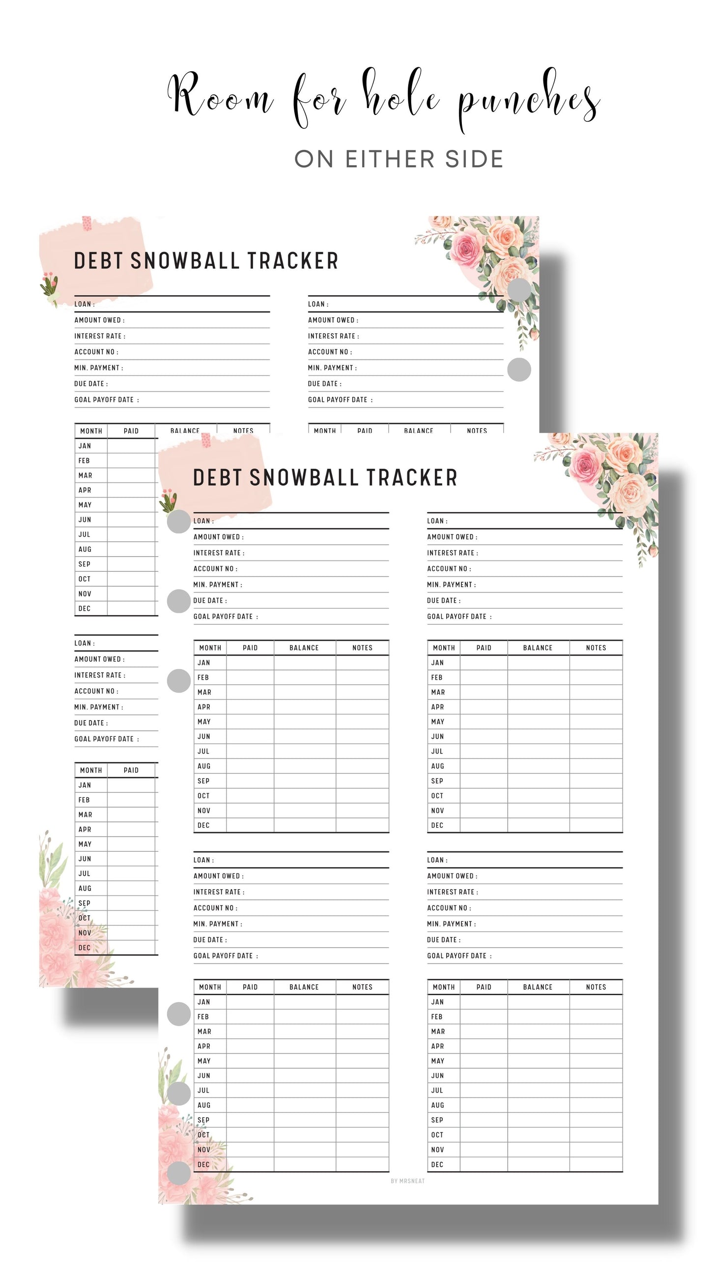 Floral Minimalist Debt Snowball Tracker Template Printable with Multiple debt in one page