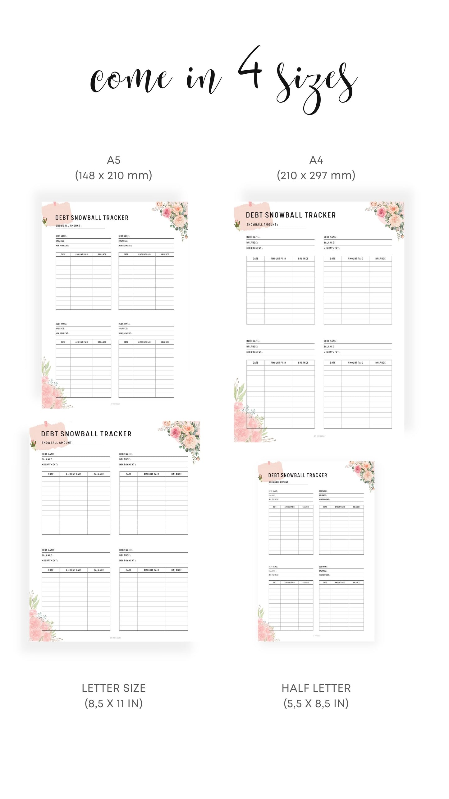 A4, A5, Letter, Half Letter Floral Minimalist Debt Snowball Tracker Template Printable with Multiple debt in one page