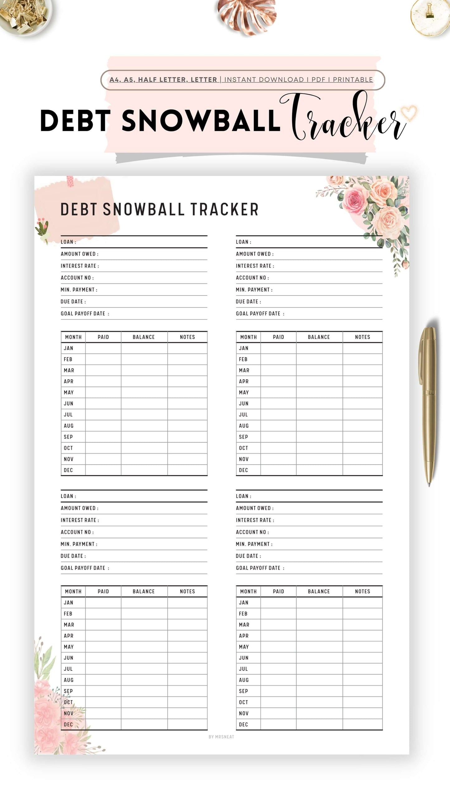 Beautiful Floral Debt Snowball Tracker Template Printable with Multiple debt in one page