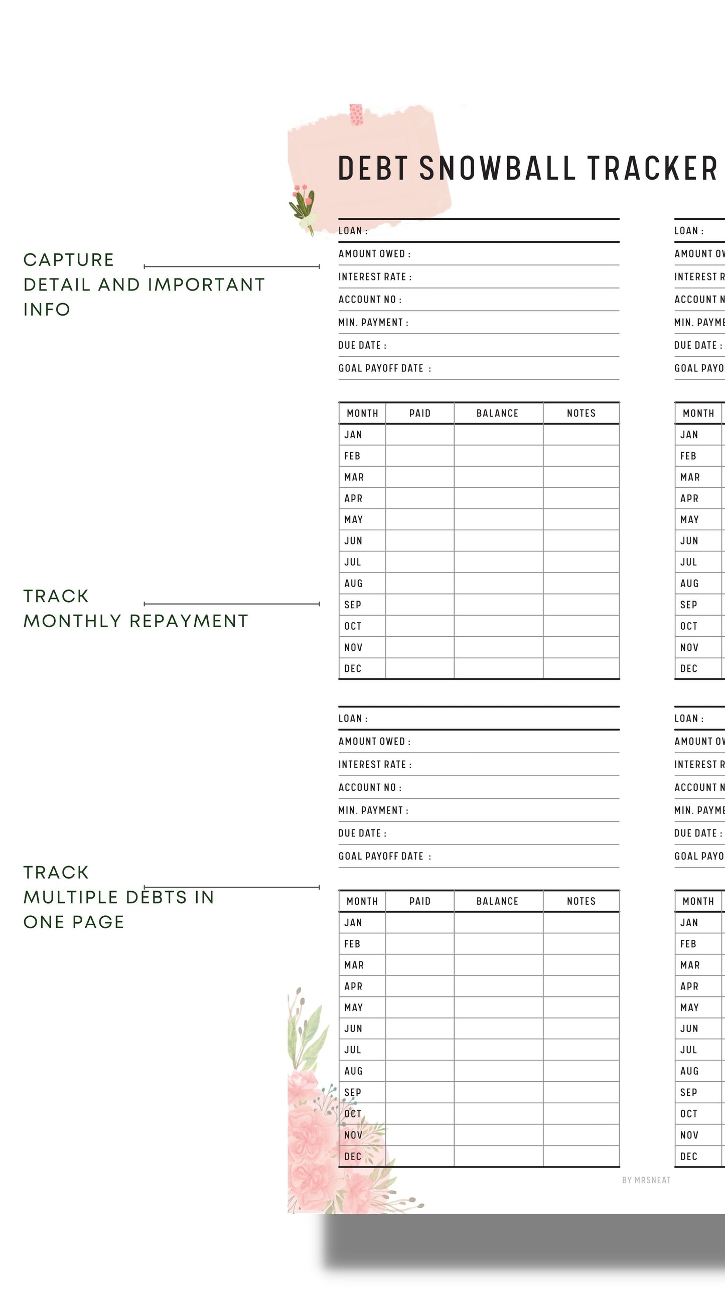 Floral Debt Snowball Tracker Template Printable with Multiple debt in one page to capture Detail and Important Info