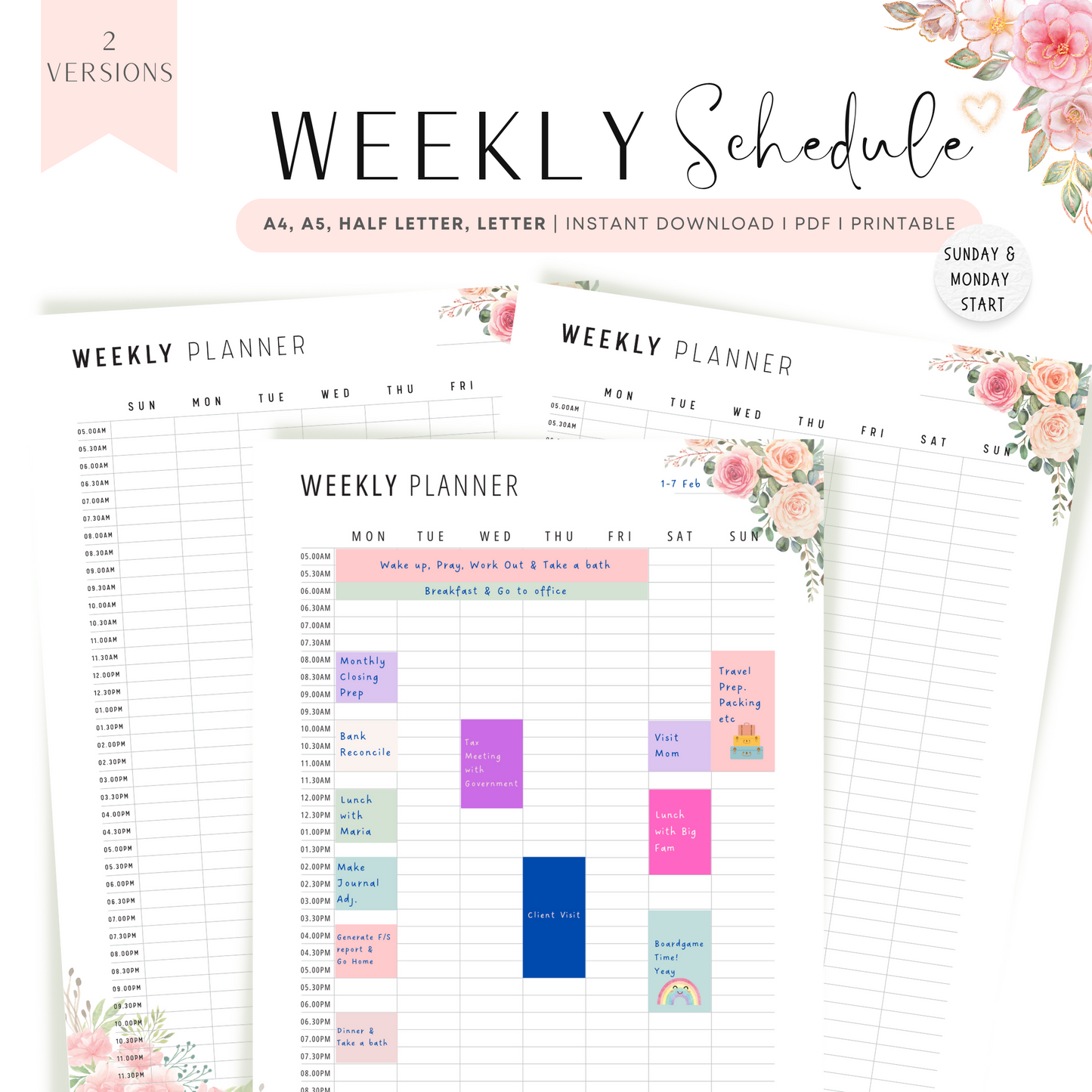 Floral Half Hour Weekly Schedule Printable