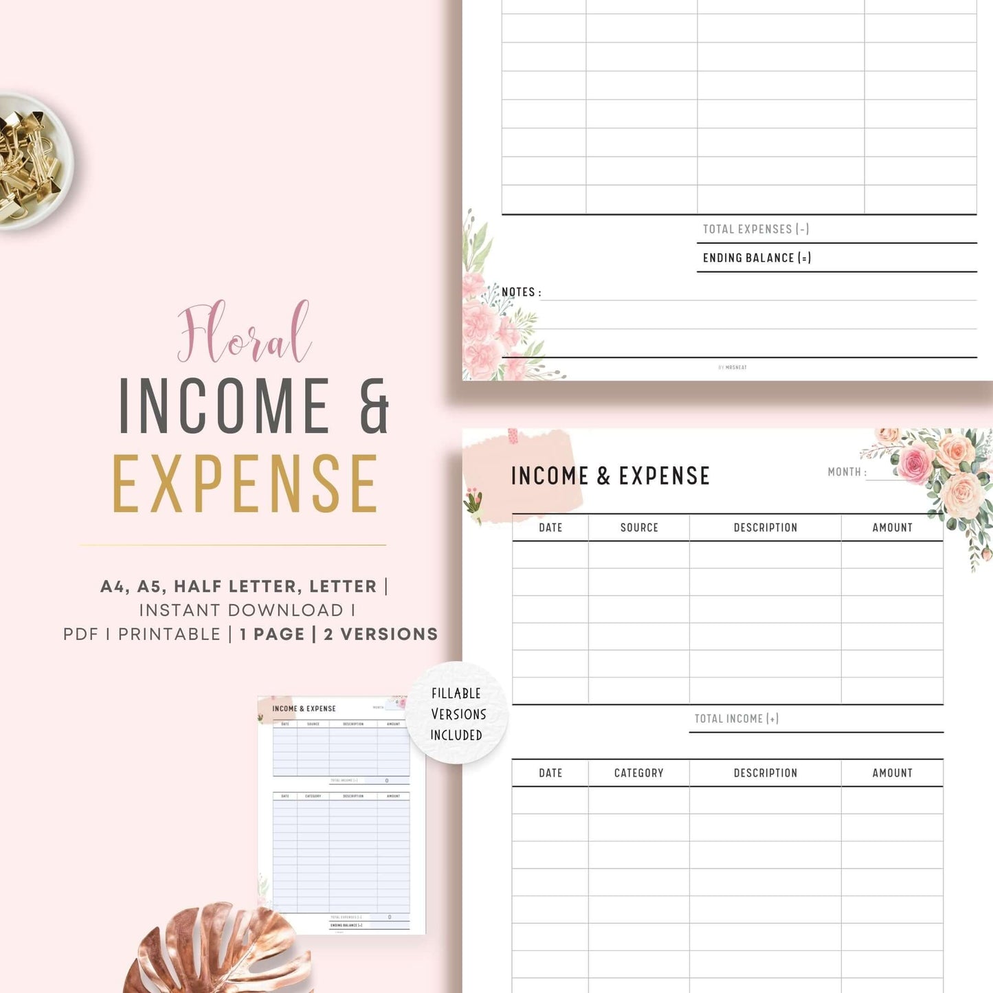 Floral Income and Expense Tracker, Printable Planner, A4, A5, Letter, Half Letter, PDF, Fillable PDF, 2 versions