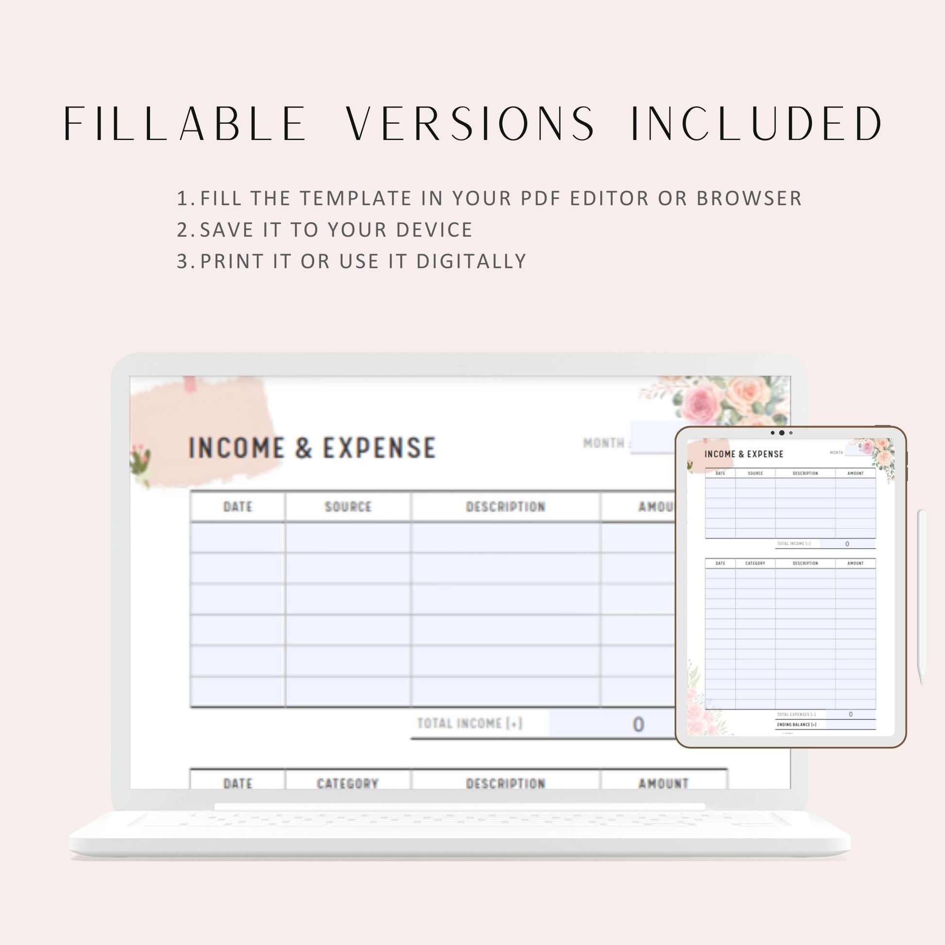 Floral Income and Expense Tracker, Printable Planner, A4, A5, Letter, Half Letter, PDF, Fillable PDF, 2 versions