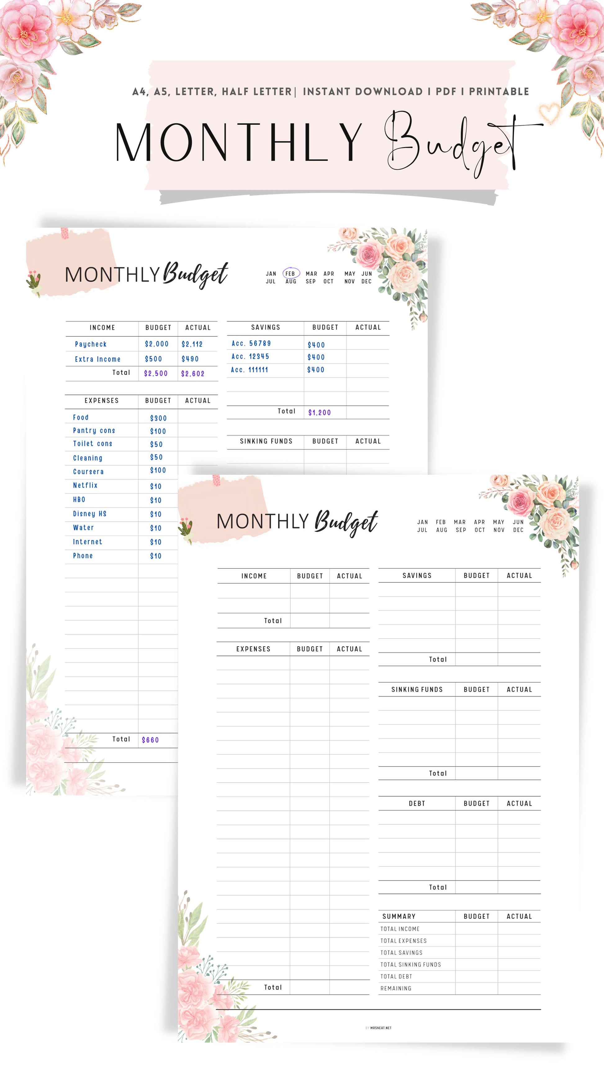 Printable Floral Monthly Budget Planner Template
