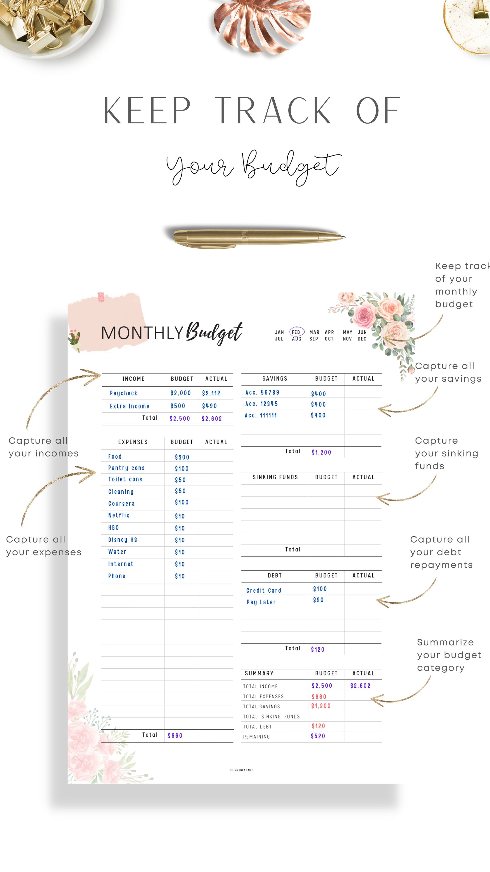 Printable Floral Monthly Budget Planner Template