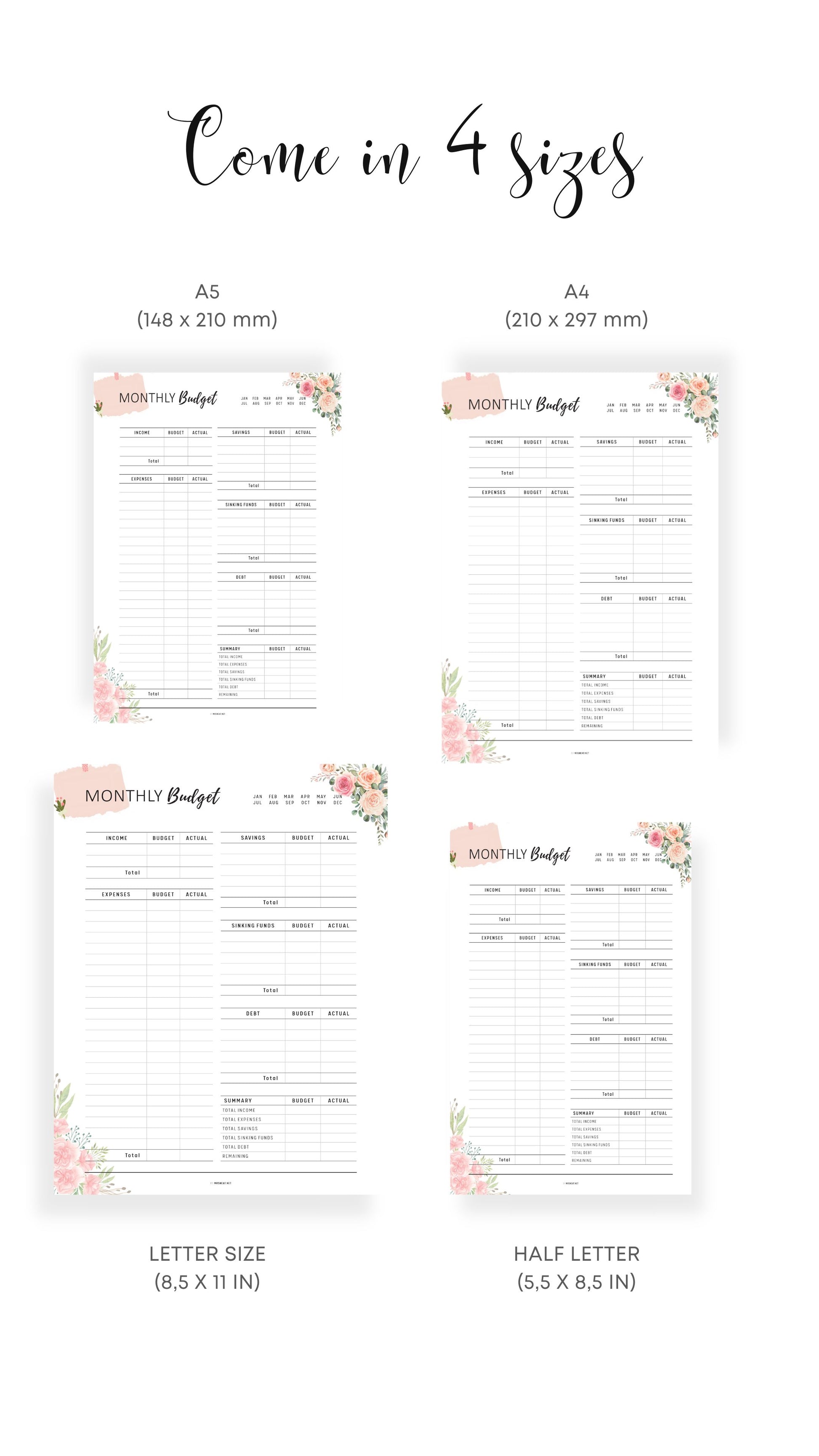 A4, A5, Letter, Half Letter Printable Floral Monthly Budget Planner Template