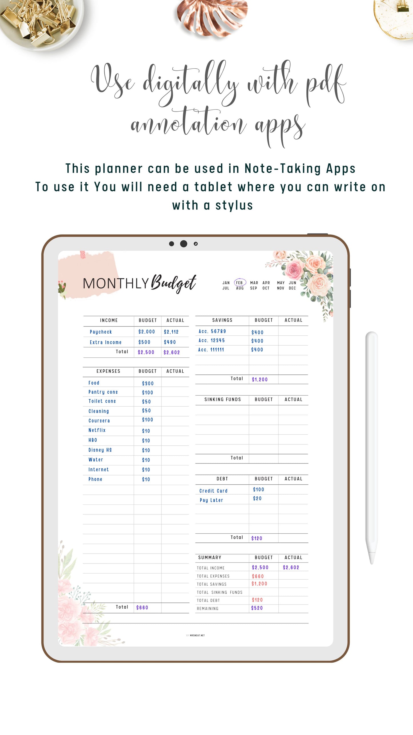 Digital Floral Monthly Budget Planner Template