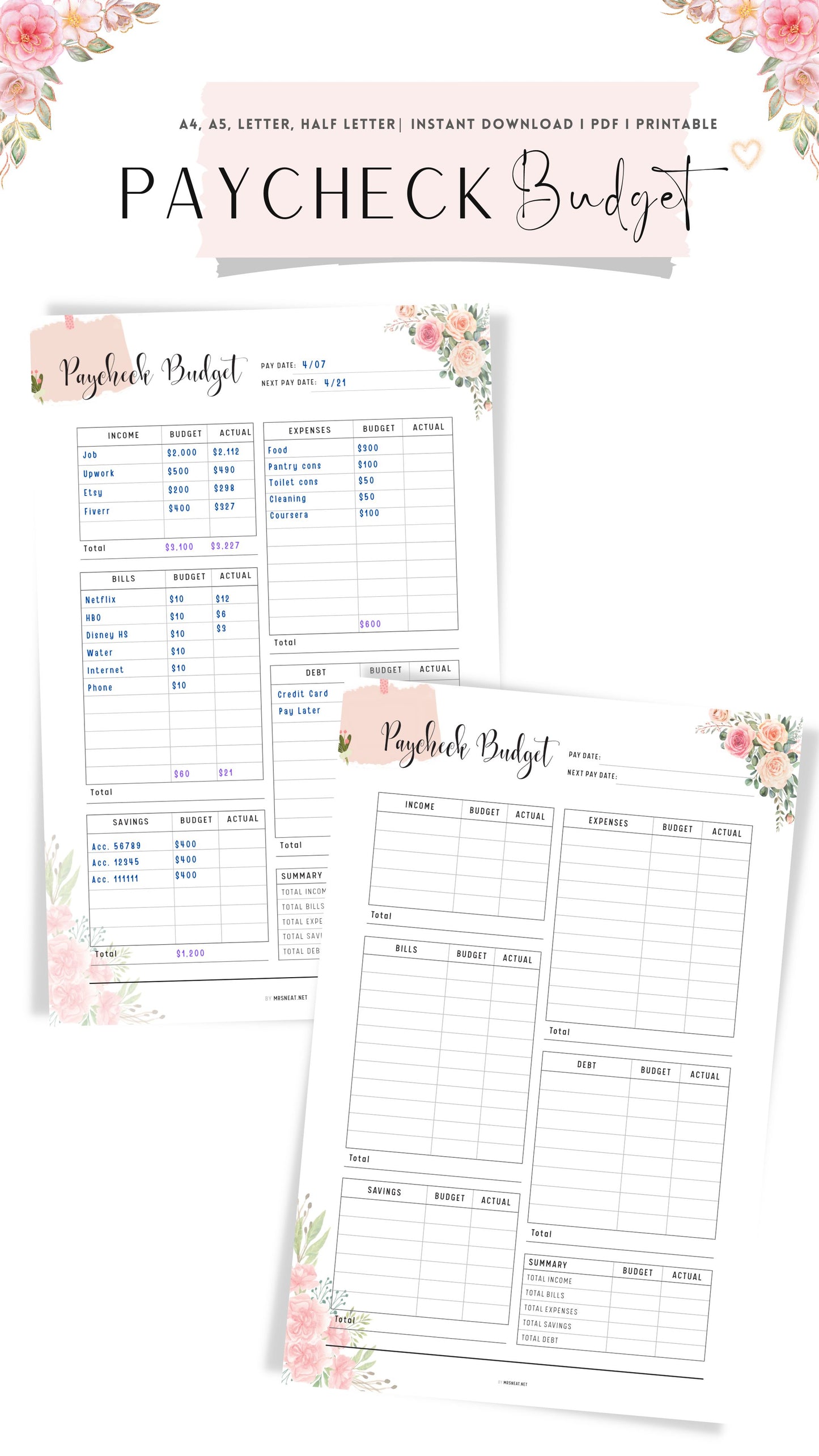 Floral Paycheck Budget Template Printable