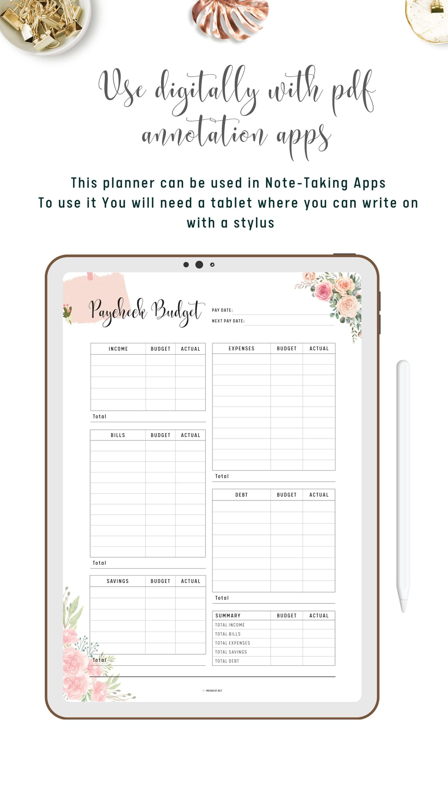 Digital Floral Paycheck Budget Template