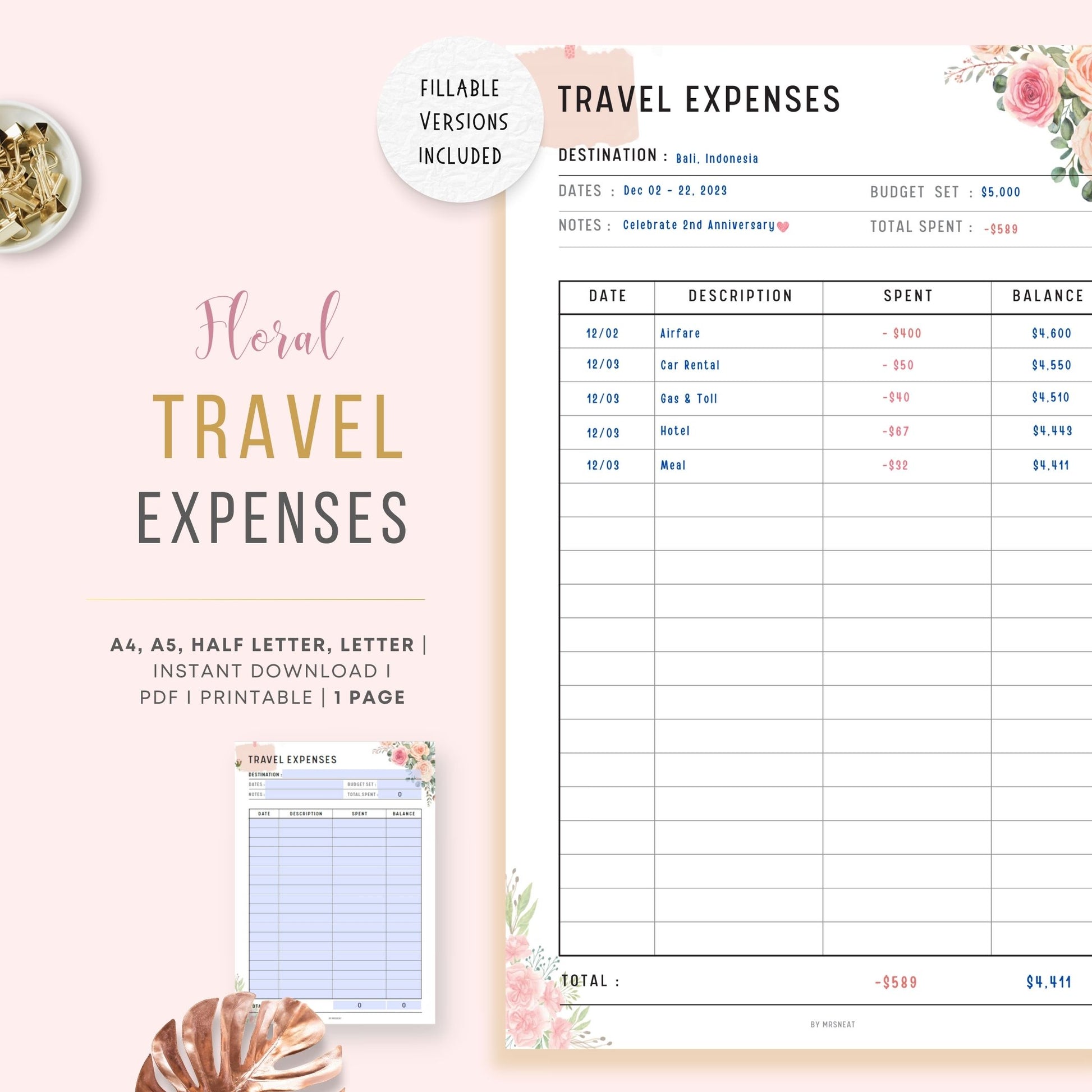 Floral Travel Expenses Tracker Template Printable, A4, A5, Letter, Half Letter, Fillable version included