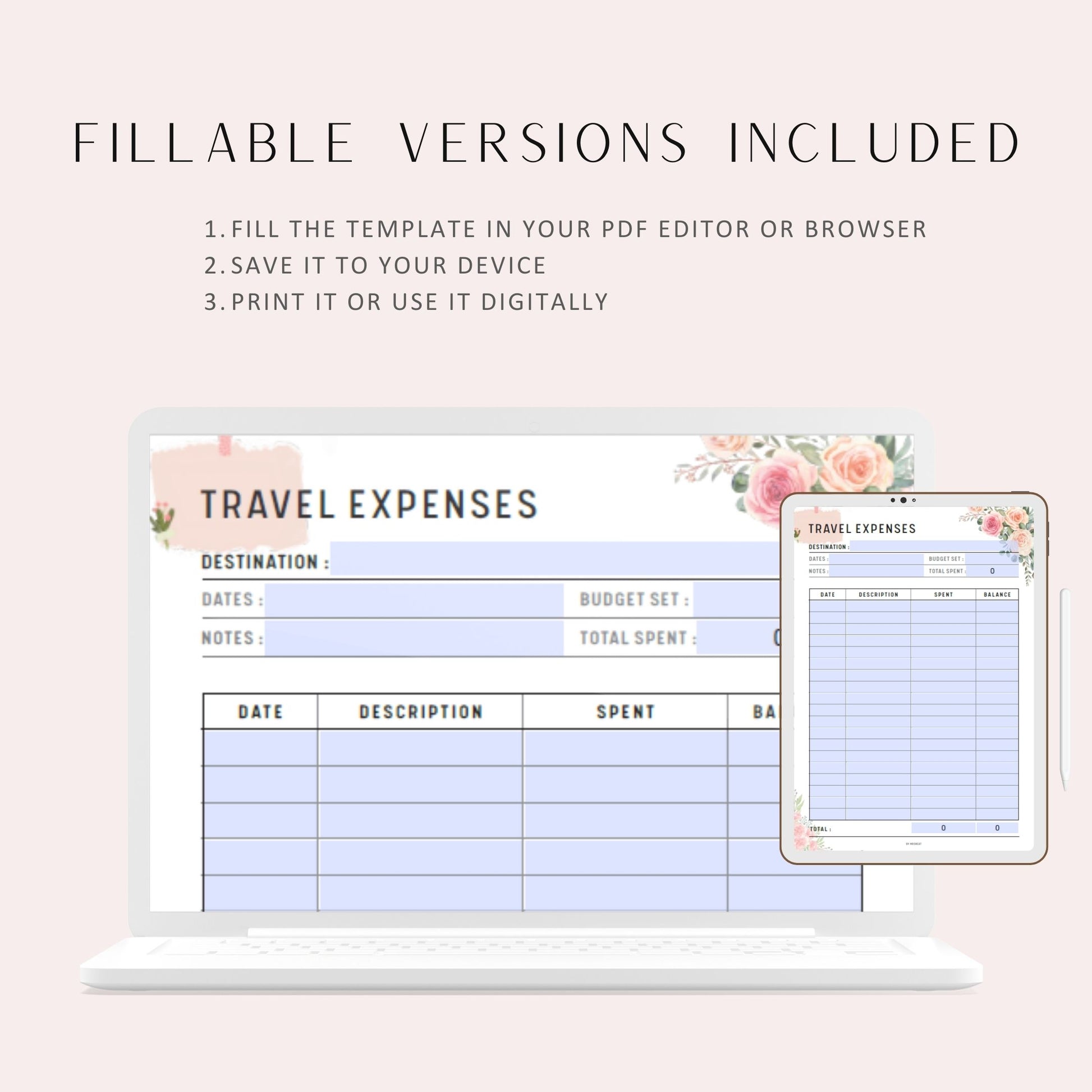 Floral Travel Expenses Tracker Template Printable, A4, A5, Letter, Half Letter, Fillable version included
