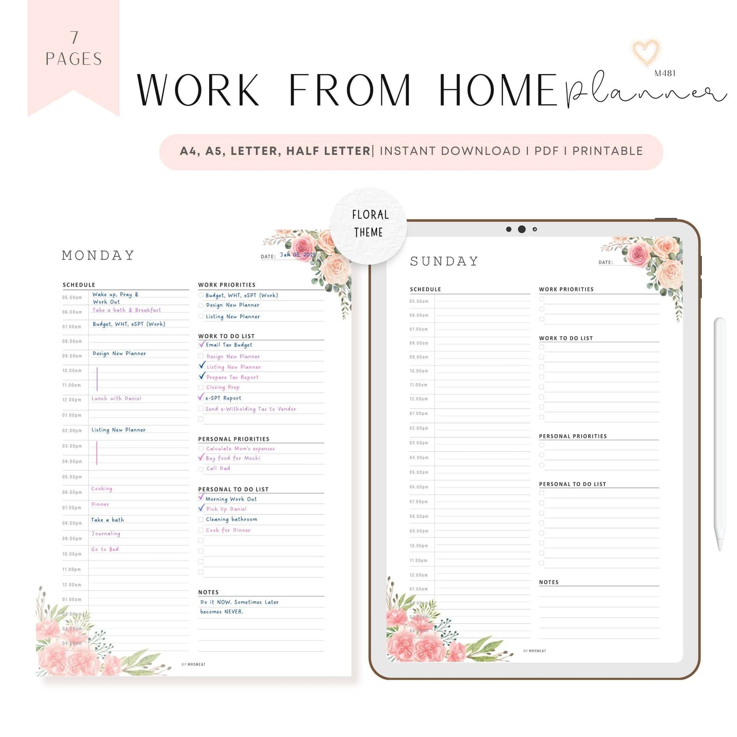 Floral Work From Home Daily Planner, 7 Pages, Monday to Sunday