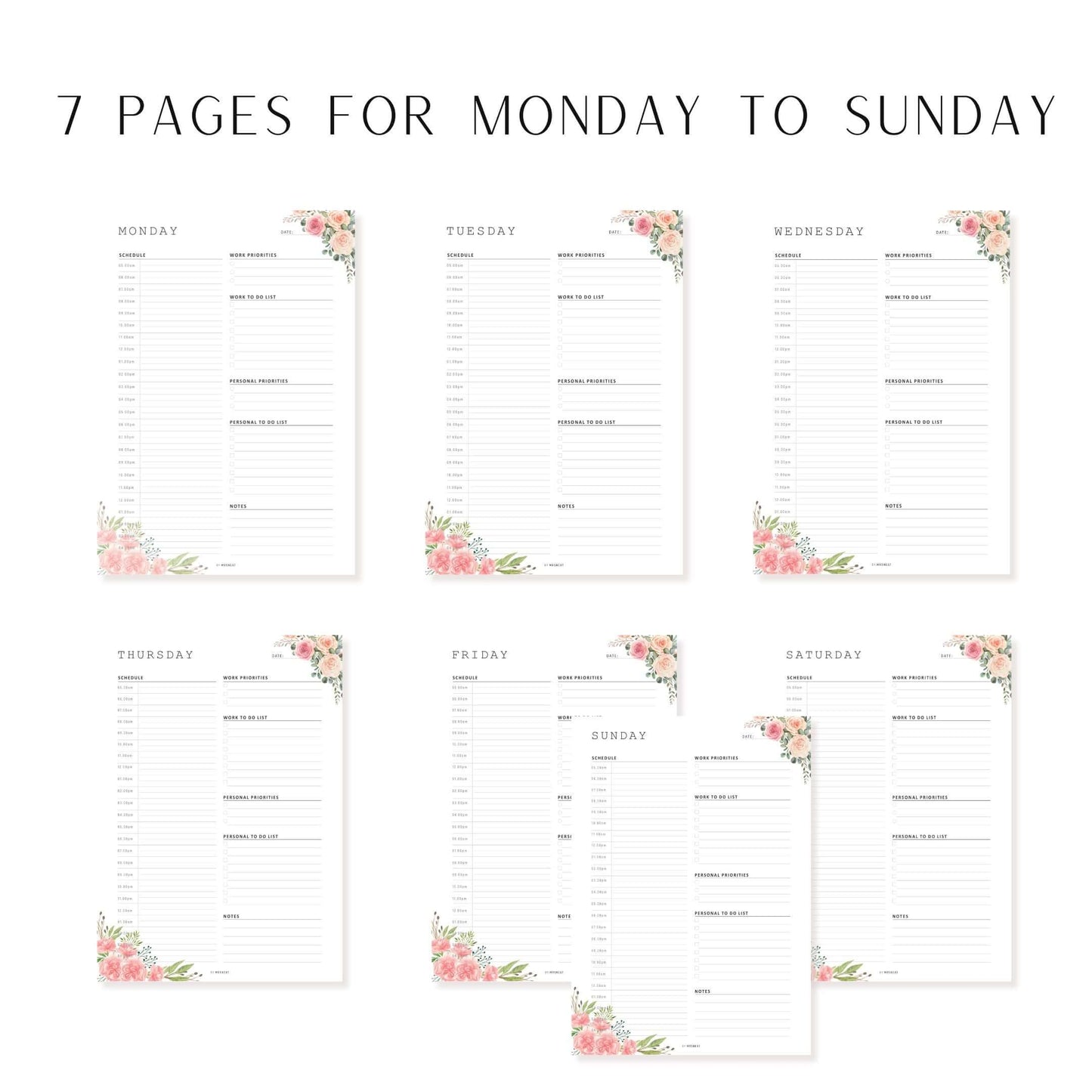 Beautiful Floral Work From Home Daily Planner, 7 Pages, Monday to Sunday