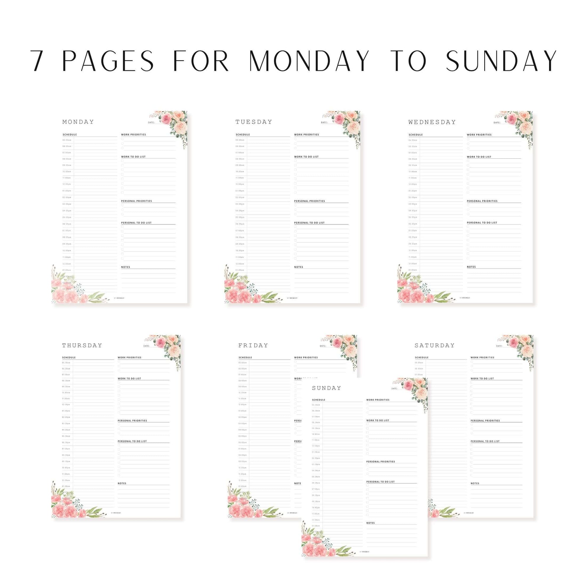 Beautiful Floral Work From Home Daily Planner, 7 Pages, Monday to Sunday