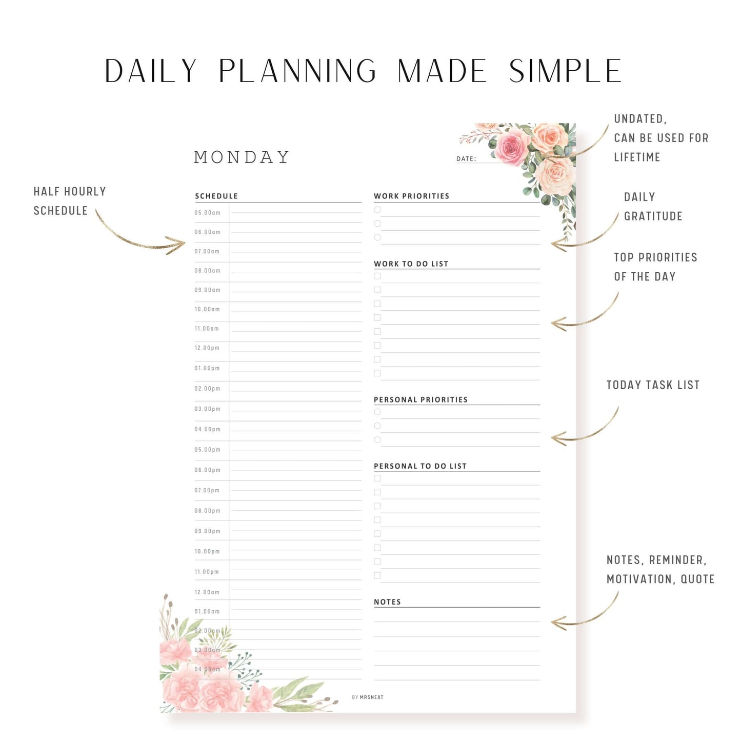 How to use Floral Work From Home Daily Planner, 7 Pages, Monday to Sunday