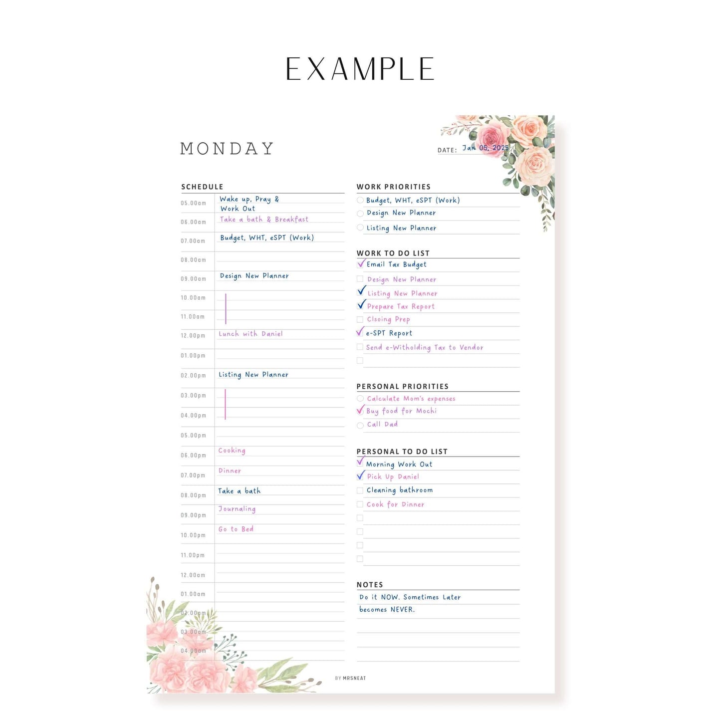 Example Floral Work From Home Daily Planner, 7 Pages, Monday to Sunday