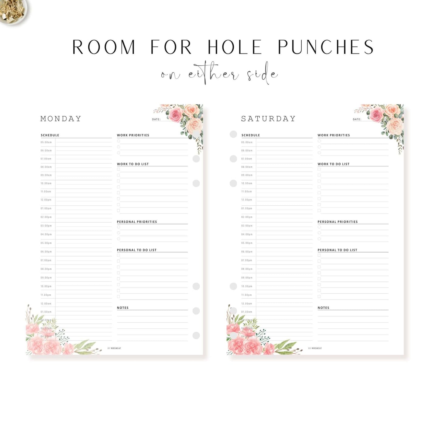 Room for hole punches Floral Work From Home Daily Planner, 7 Pages, Monday to Sunday