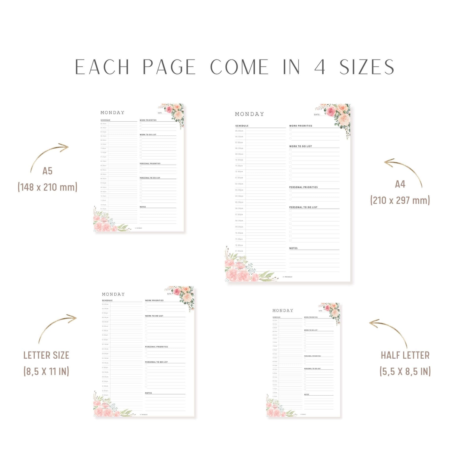 A4, A5, Letter, Half Letter Floral Work From Home Daily Planner, 7 Pages, Monday to Sunday