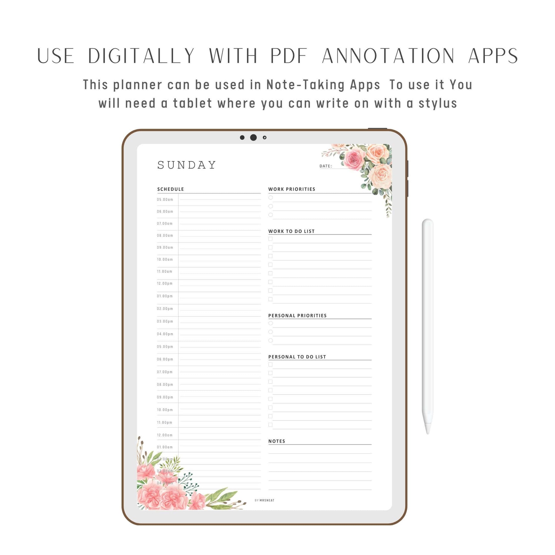 Floral Work From Home Daily Planner, 7 Pages, Monday to Sunday Digital Planner