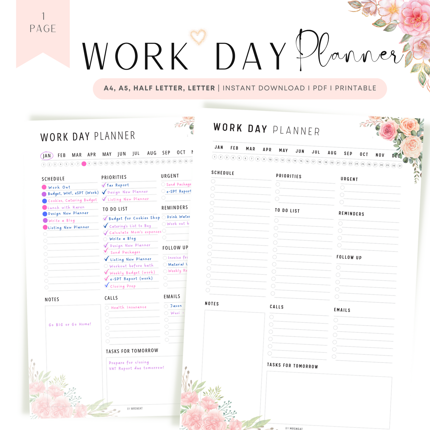 Floral Work Day Planner Printable