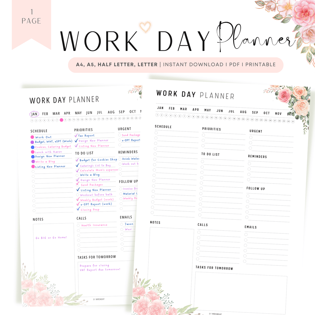 Floral Work Day Planner Printable – mrsneat