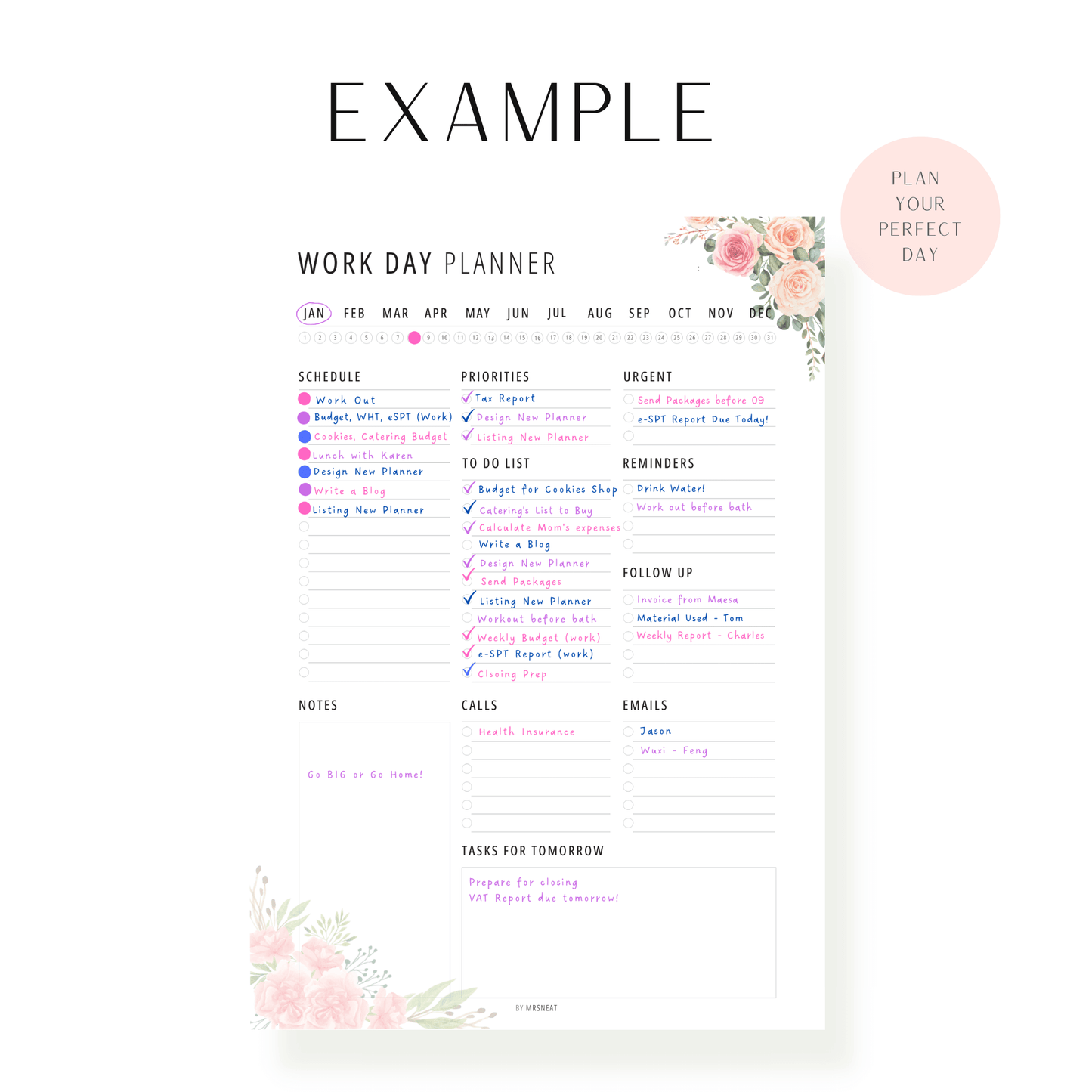 Floral Work Day Planner Printable