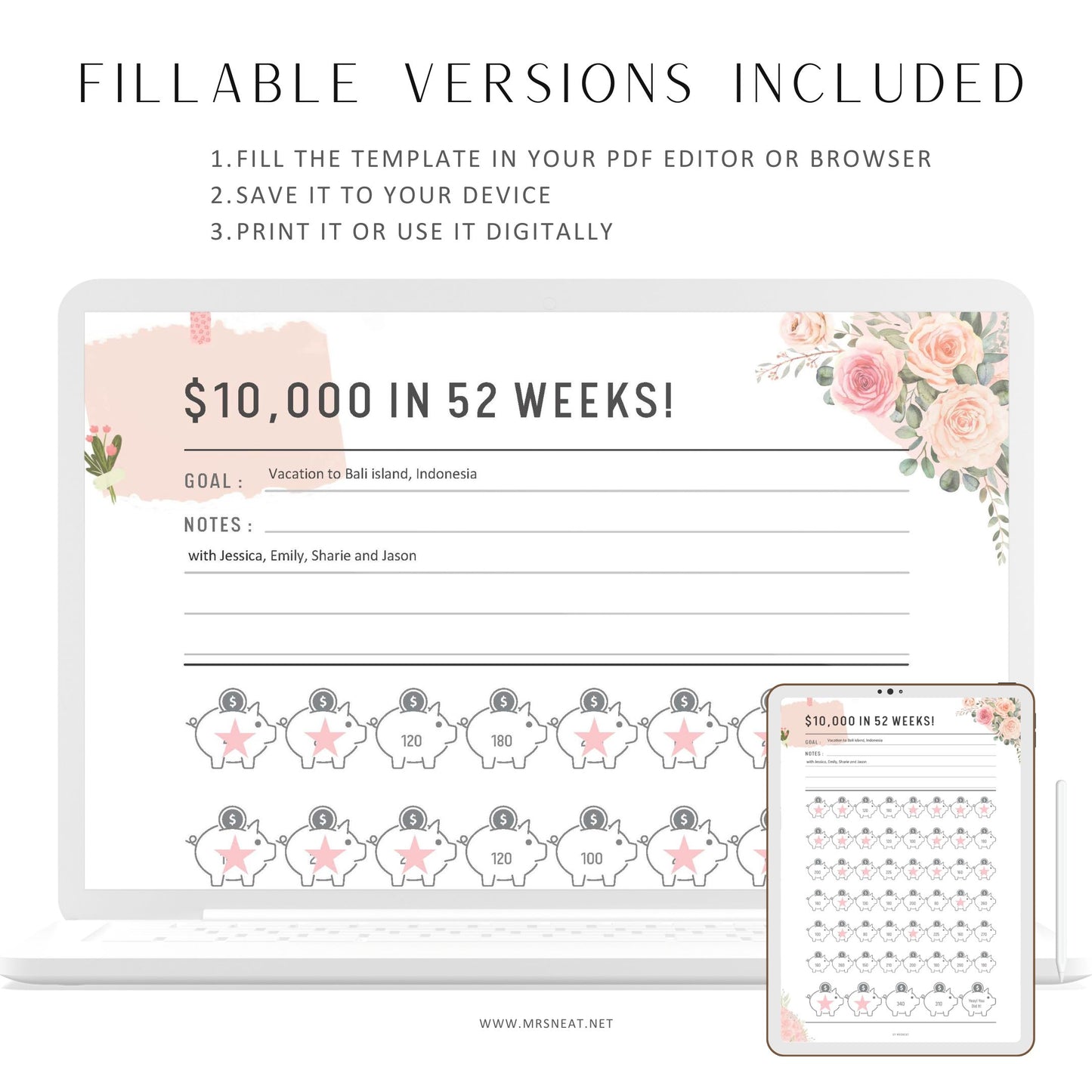 Fillable Floral 10000 Money Savings Challenge Printable, Saving Challenge in 52 Weeks, A4, A5, Letter, Half Letter, Pdf