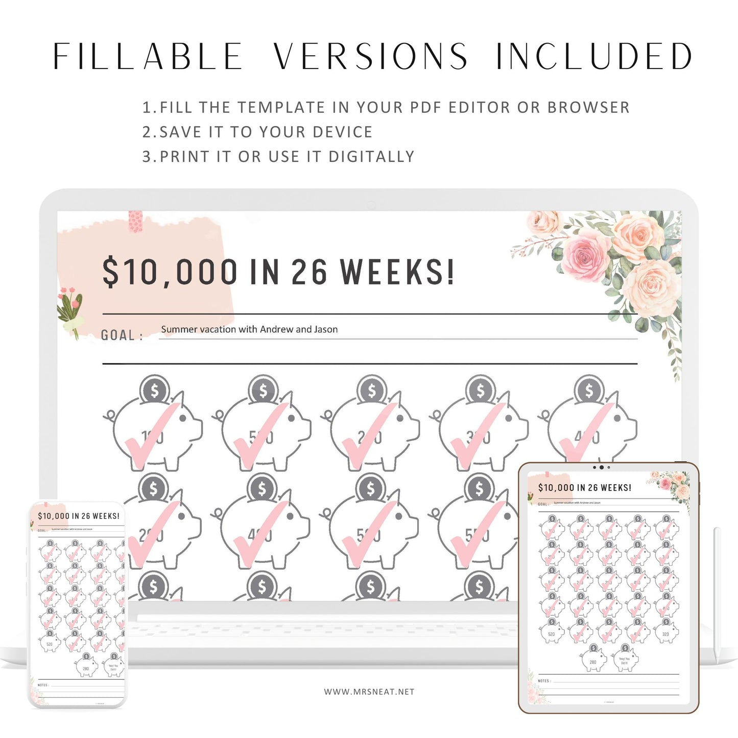 Floral 10000 Savings Challenge, Save 10000 in 26 Weeks, Fillable Saving Tracker, Money Saving Printable, Pdf, A4, A5, Letter, Half Letter