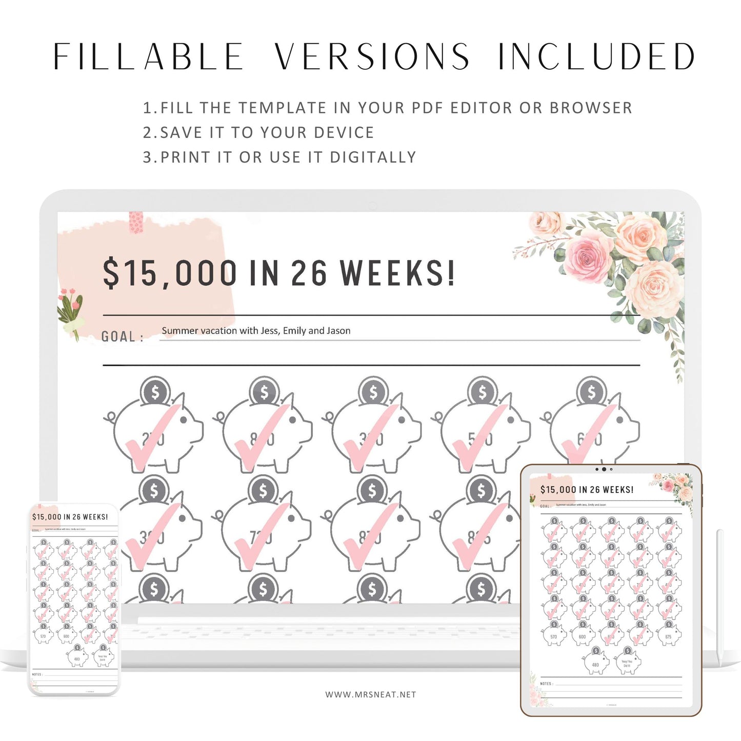 Floral 15000 Savings Challenge, Savings in 26 Weeks, Piggy Bank Printable, Fillable Money Saving Challenge Template, Pdf, A4/A5/Letter/HL