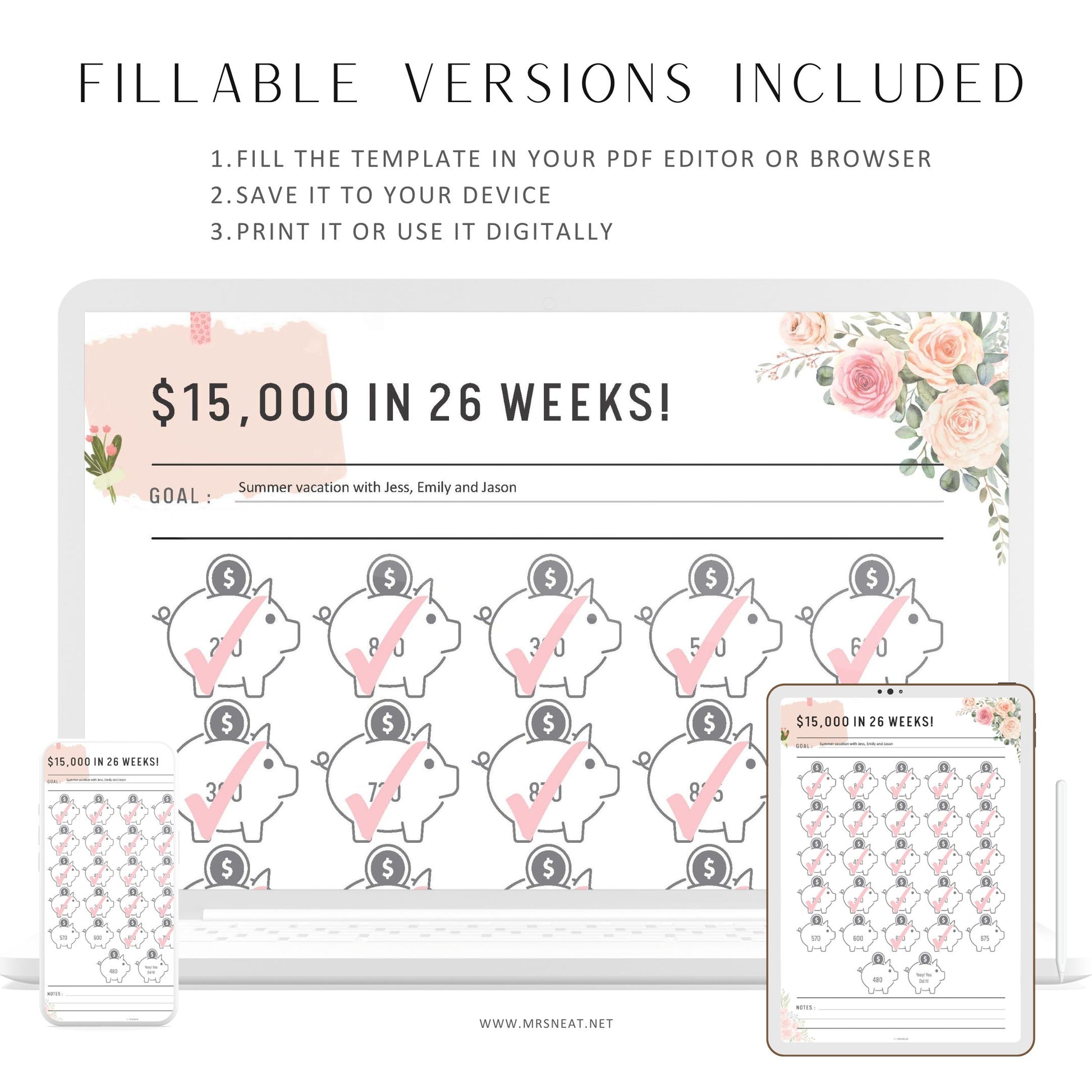 Floral 15000 Savings Challenge, Savings in 26 Weeks, Piggy Bank Printable, Fillable Money Saving Challenge Template, Pdf, A4/A5/Letter/HL