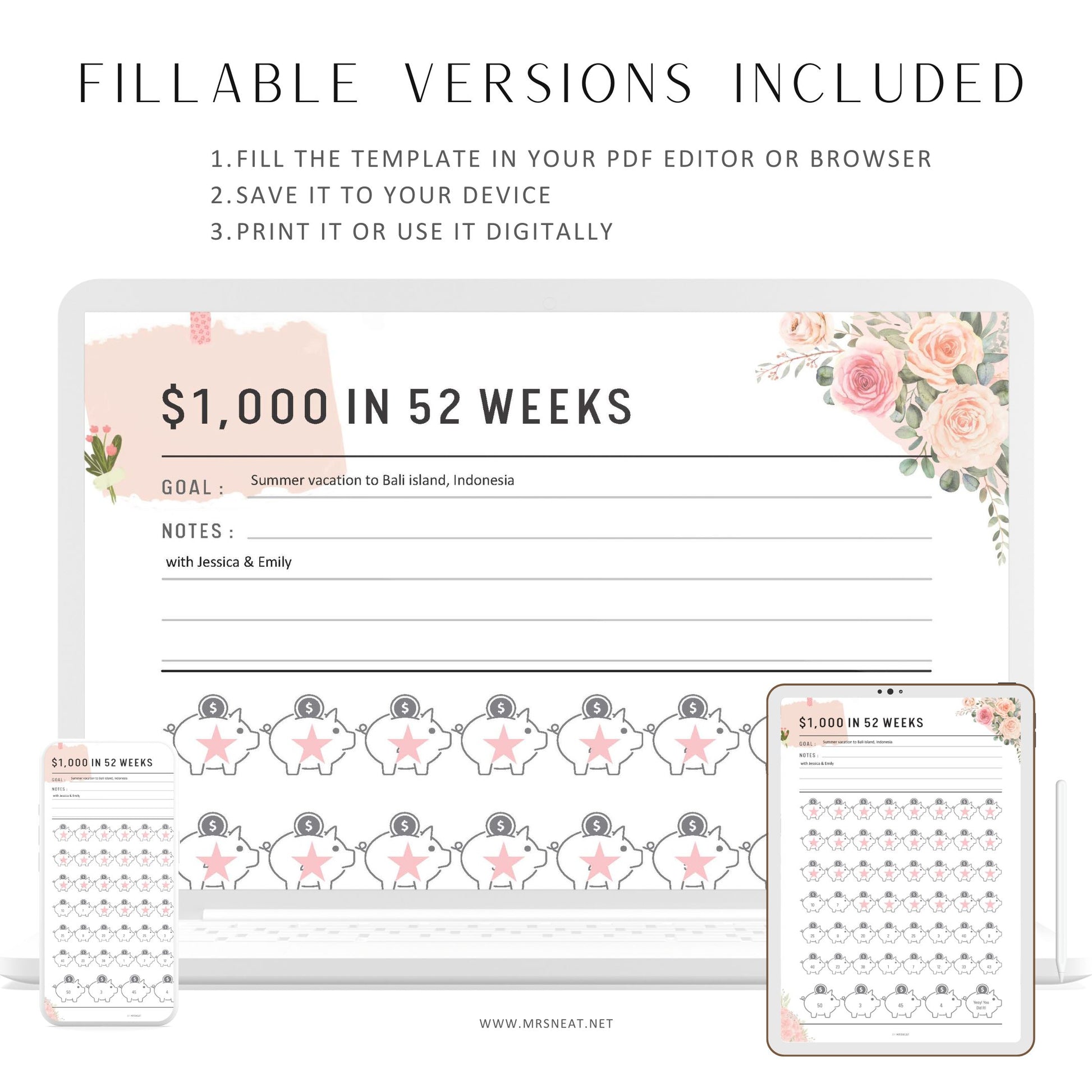 Floral 1000 Money Saving Challenge Printable, Fillable Saving Challenge in 52 Weeks, Pdf, A4, A5, Letter, Half Letter