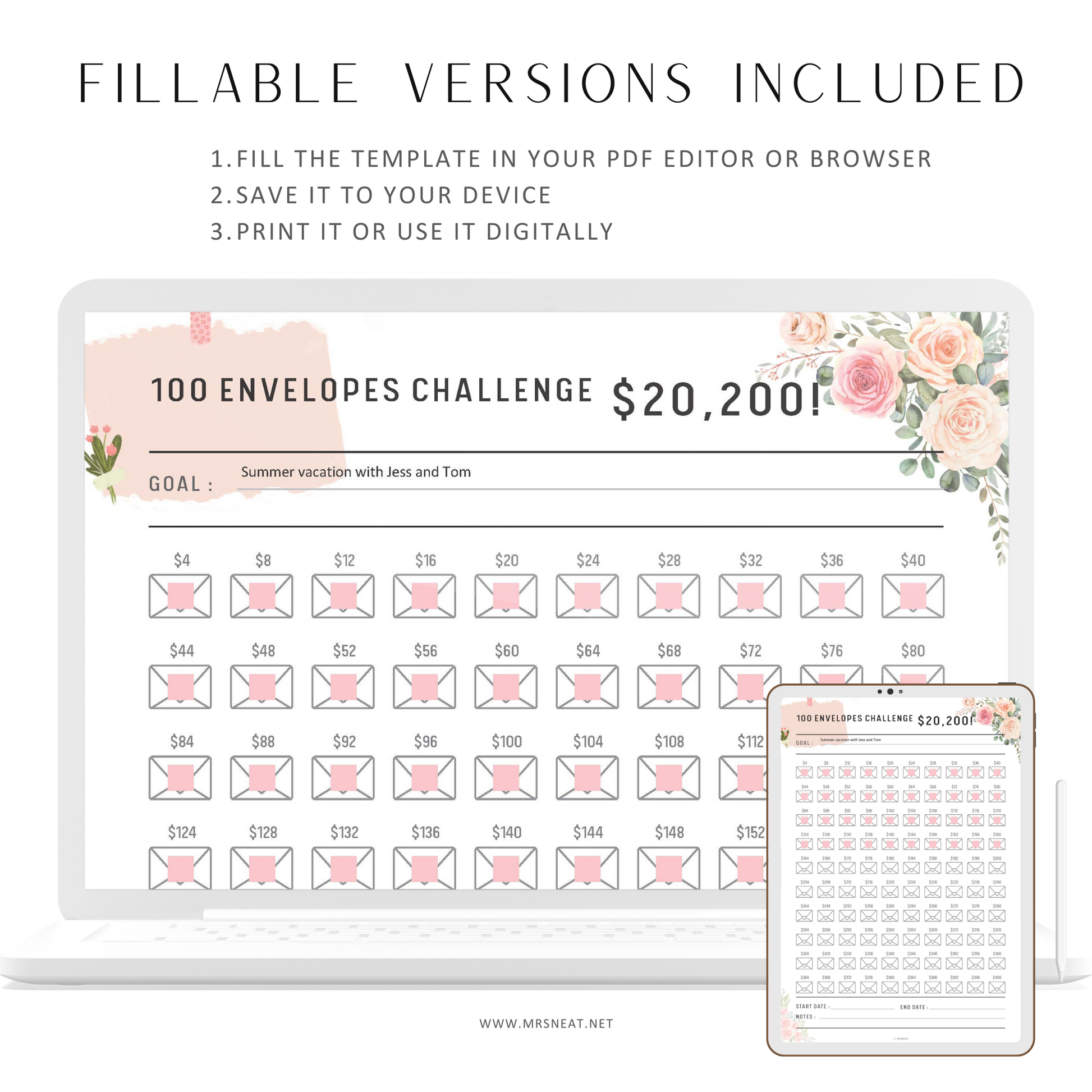 20200 Savings Challenge Printable, 100 Envelope Challenge, Fillable Saving Tracker, No Spending Challenge, PDF, A4, A5, Letter, Half Letter