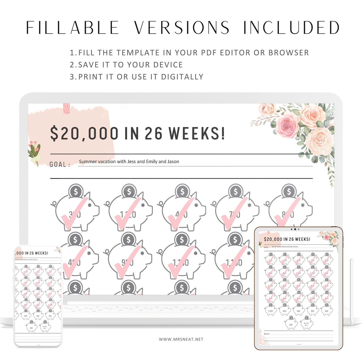 Floral 20000 Savings Challenge in 26 Weeks, Saving 20000 for retirement, Save 20K in 26 weeks, Fillable 26 weeks savings challenge, PDF