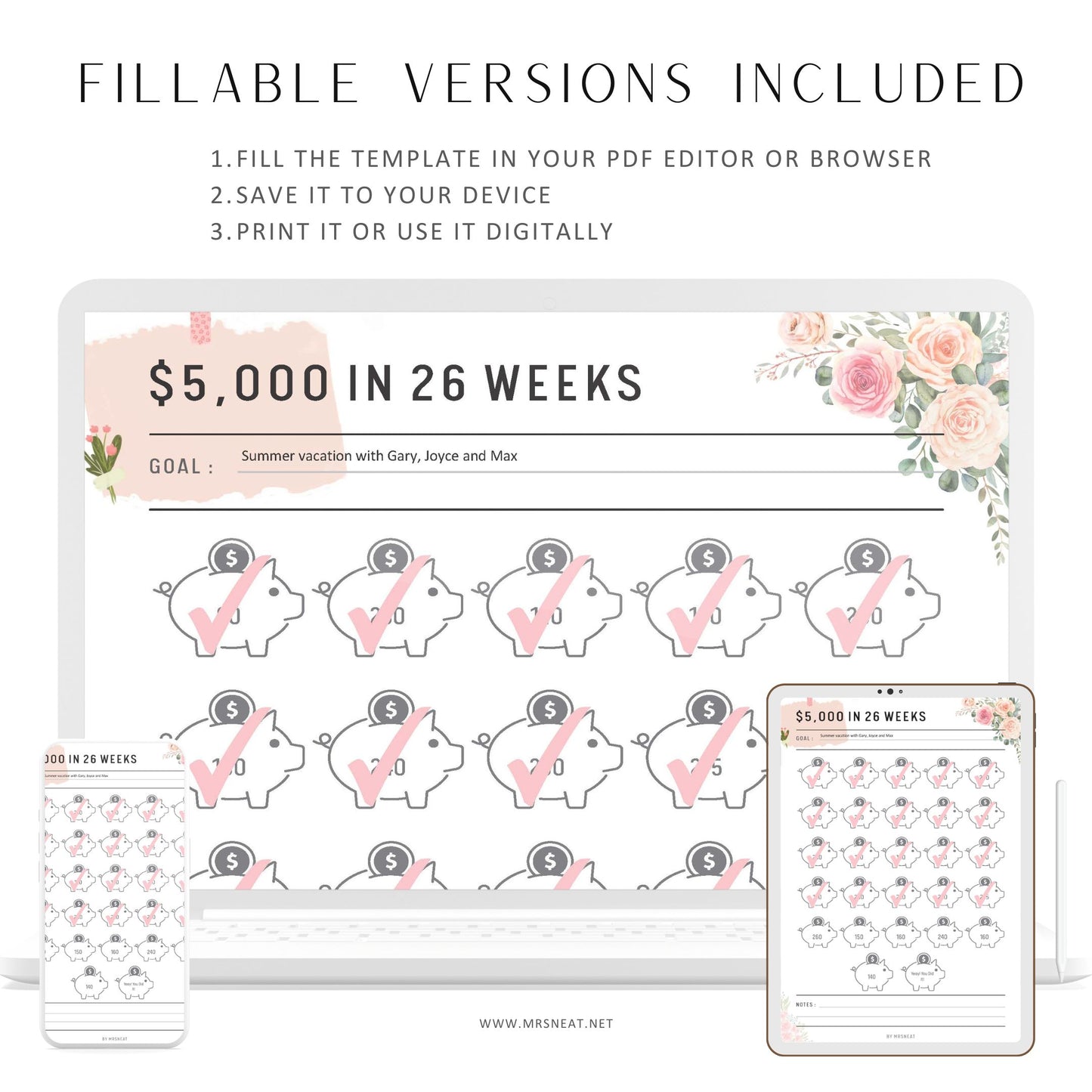 Floral 5000 Savings Challenge in 26 Weeks, Saving 5000 for retirement, Save 5000 in 26 weeks, 26 weeks savings challenge, Multiple sizes