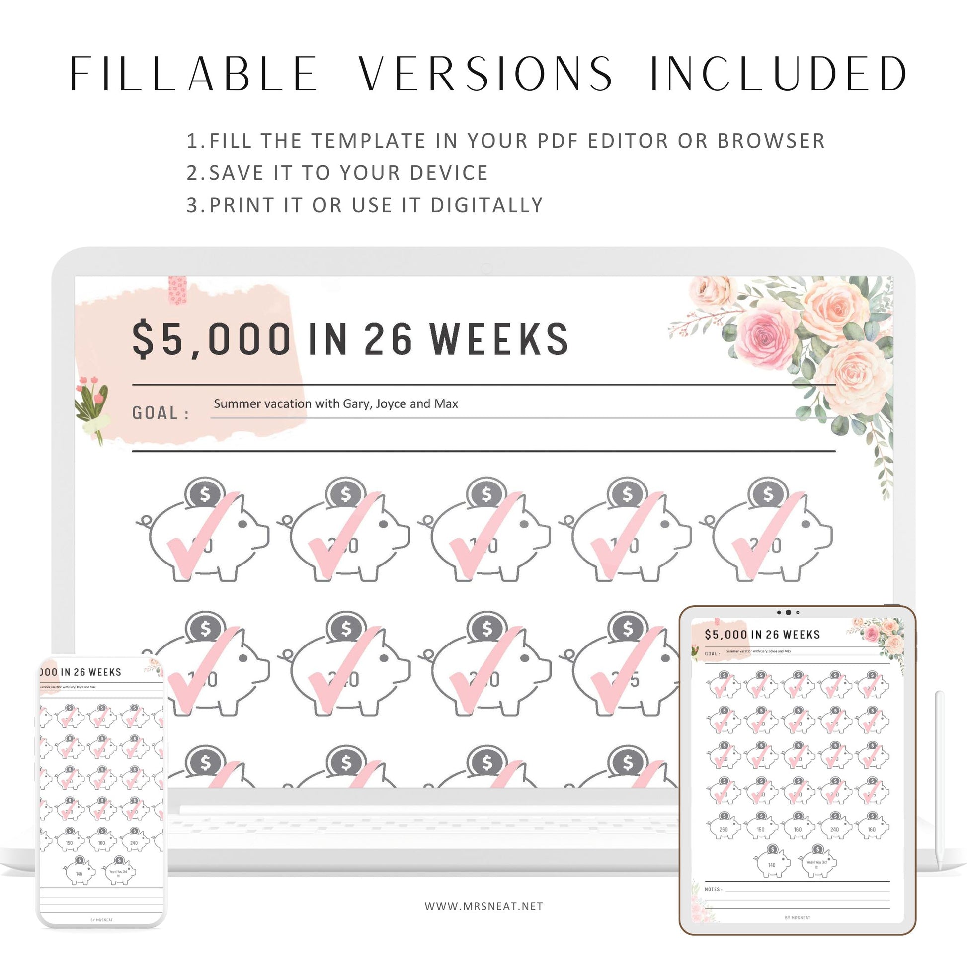 Floral 5000 Savings Challenge in 26 Weeks, Saving 5000 for retirement, Save 5000 in 26 weeks, 26 weeks savings challenge, Multiple sizes