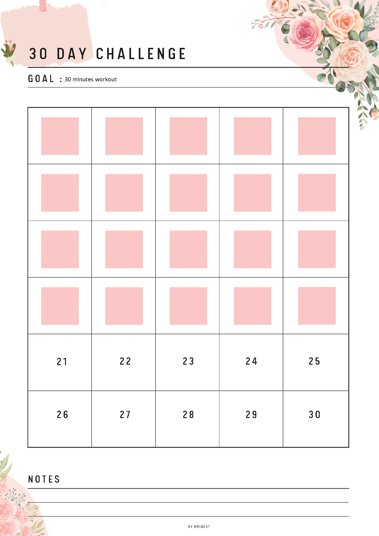 Floral 30 Day Challenge Printable, 30 Day Challenge Tracker, Fillable Habit Tracker PDF, A4, A5, Letter & Half Letter