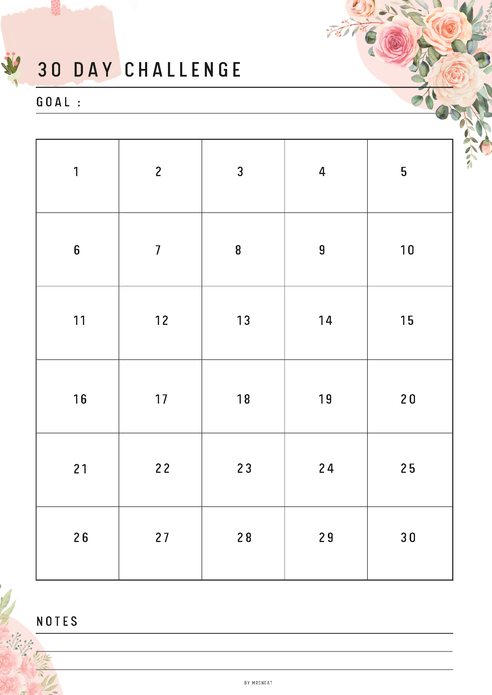 Floral 30 Day Challenge Printable, 30 Day Challenge Tracker, Fillable Habit Tracker PDF, A4, A5, Letter & Half Letter