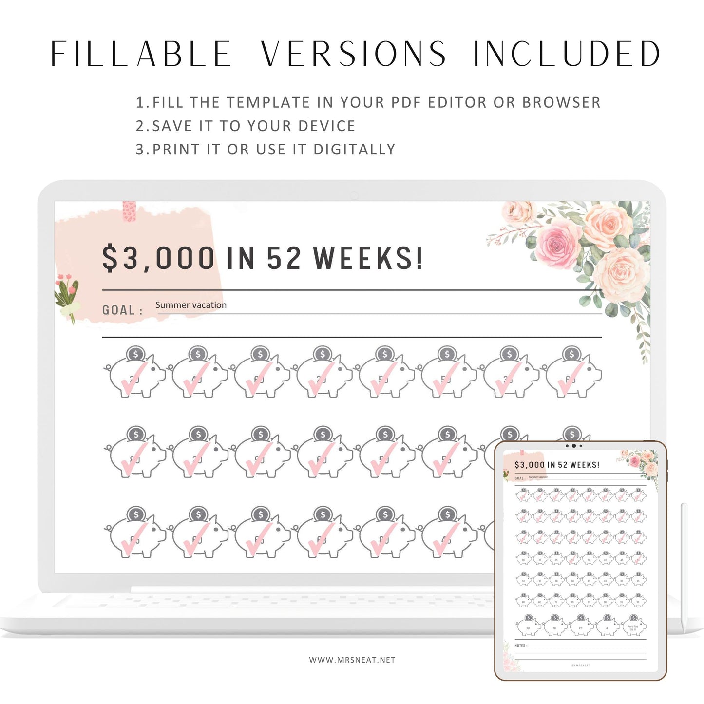 Floral 3000 Saving Challenge in 52 Weeks, Fillable savings challenge, Piggy Bank Template Printable, PDF, A4, Letter, Half Letter, A5